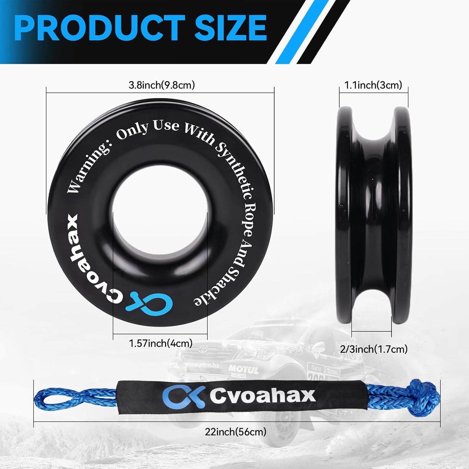 Soft Shackle & Recovery Ring Kit, 2PCS Blue Soft Shackle Recovery (56,000lbs Max Breaking Strength) 1/2'' x 22'' with Black Snatch Recovery Ring for ATV UTV SUV Truck Off-Road Vehicle Recovery - Image 3