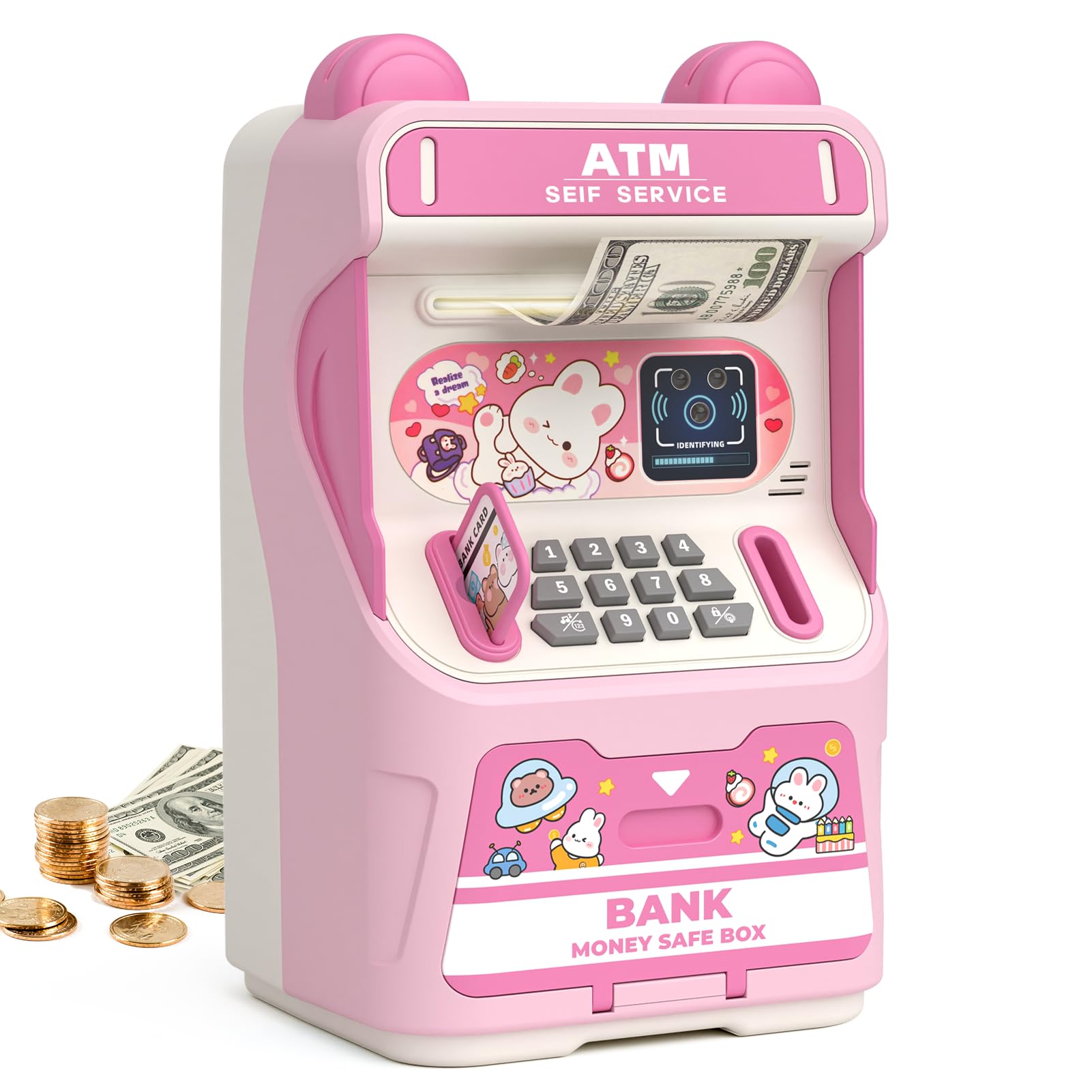 Rabbit ATM Piggy Bank for Girls with Automatic Bill Roller, Electronic Coin Bank with Simulated Card Slot & Facial Recognition, ATM Money Saving Box with Music Function for Kids(Pink)