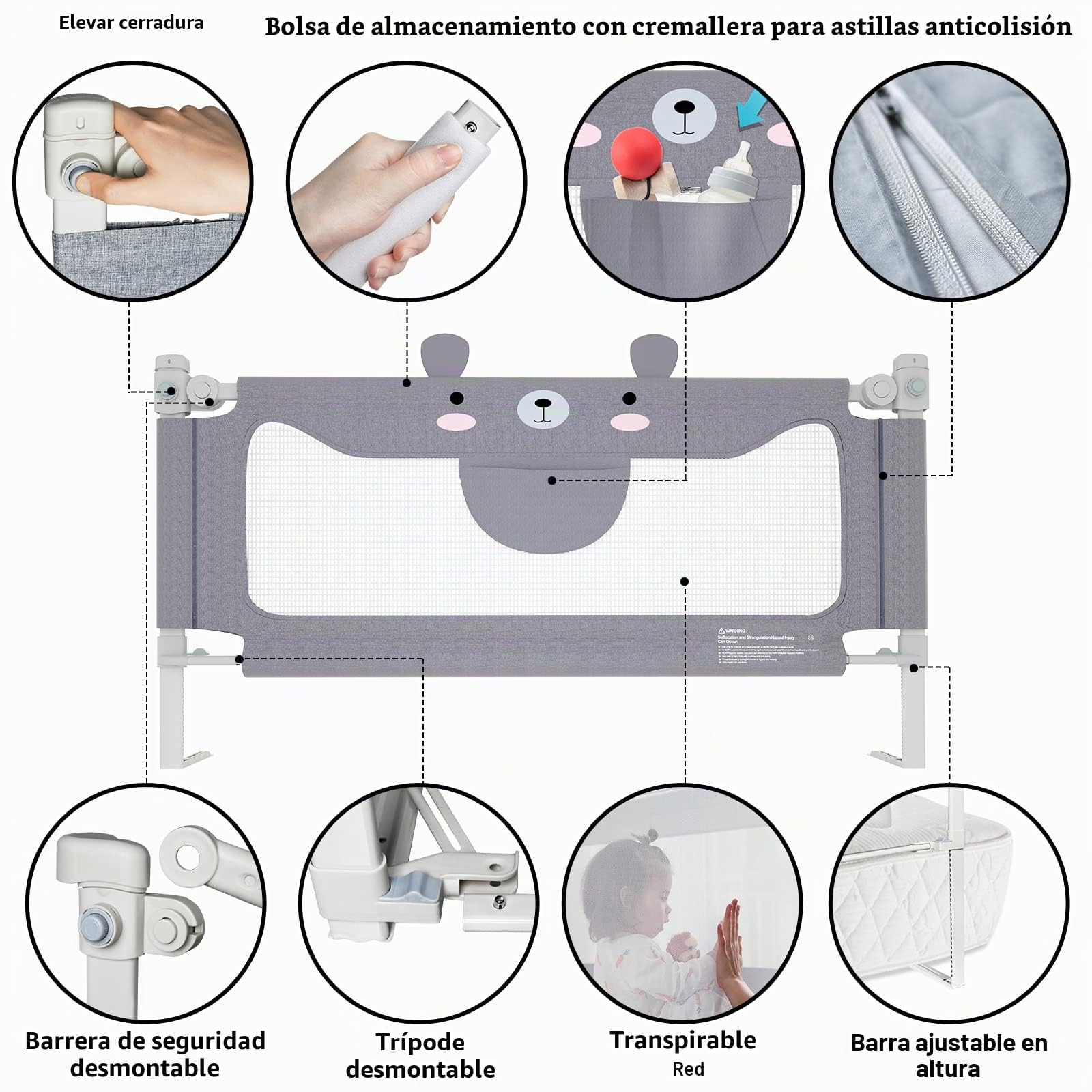 FIVMEN Barrera de cama de 180 cm para bebé, protección anticaídas para cama de bebé, altura ajustable, barrera protectora de cama para niños con bolsa de almacenamiento, barrera para cama infantil