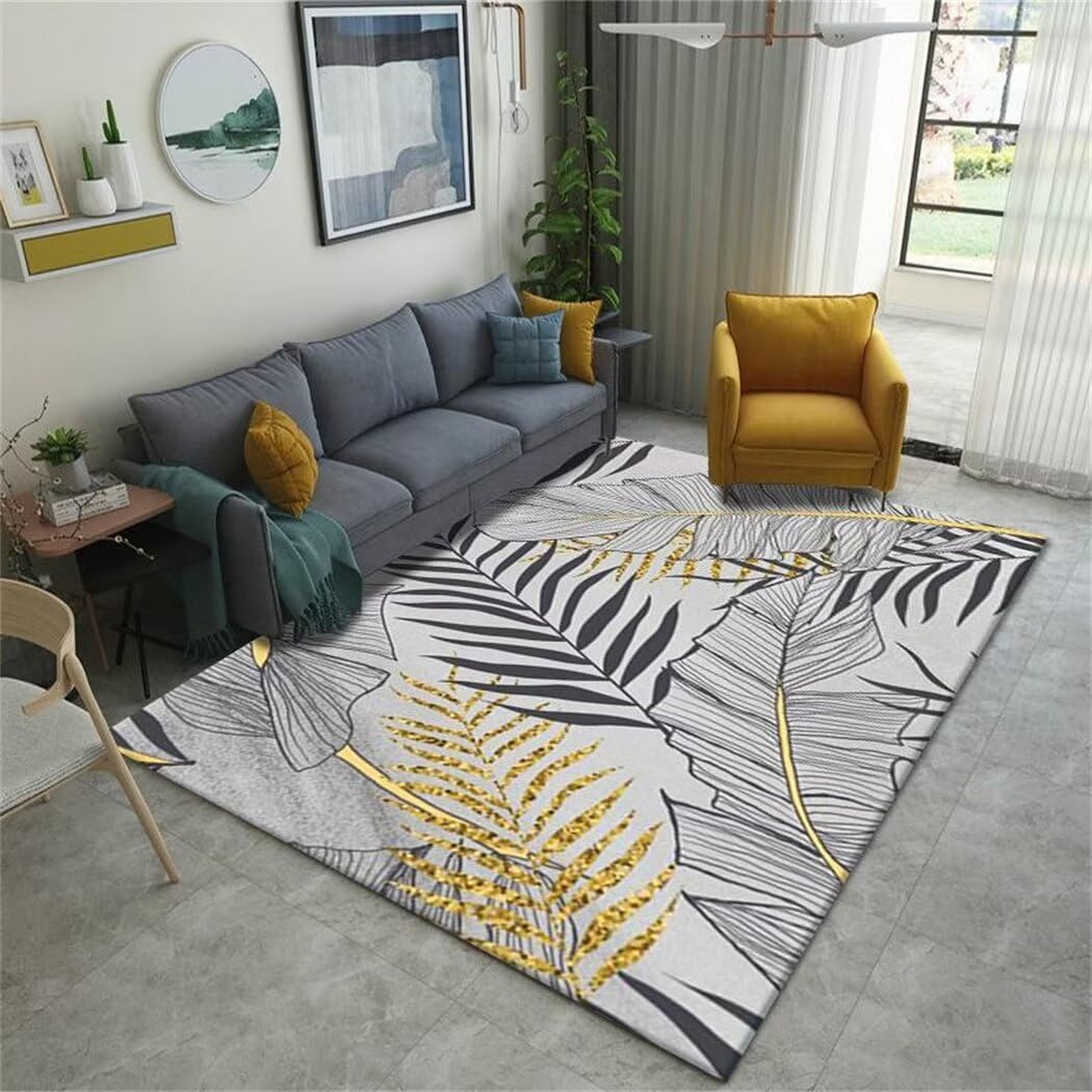 Magnifique moquette salon au design imprimé feuille jaune et tapis doux gris