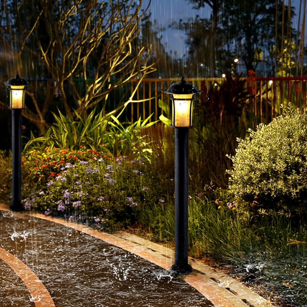 Europejska Lampa Ogrodzeniowa Z Żółtym Kloszem Szklanym, Słupek Oświetleniowy W Czarnym Wykończeniu, Lampa Naścienna Do Chodnika, Patio Lub Werandy,Large