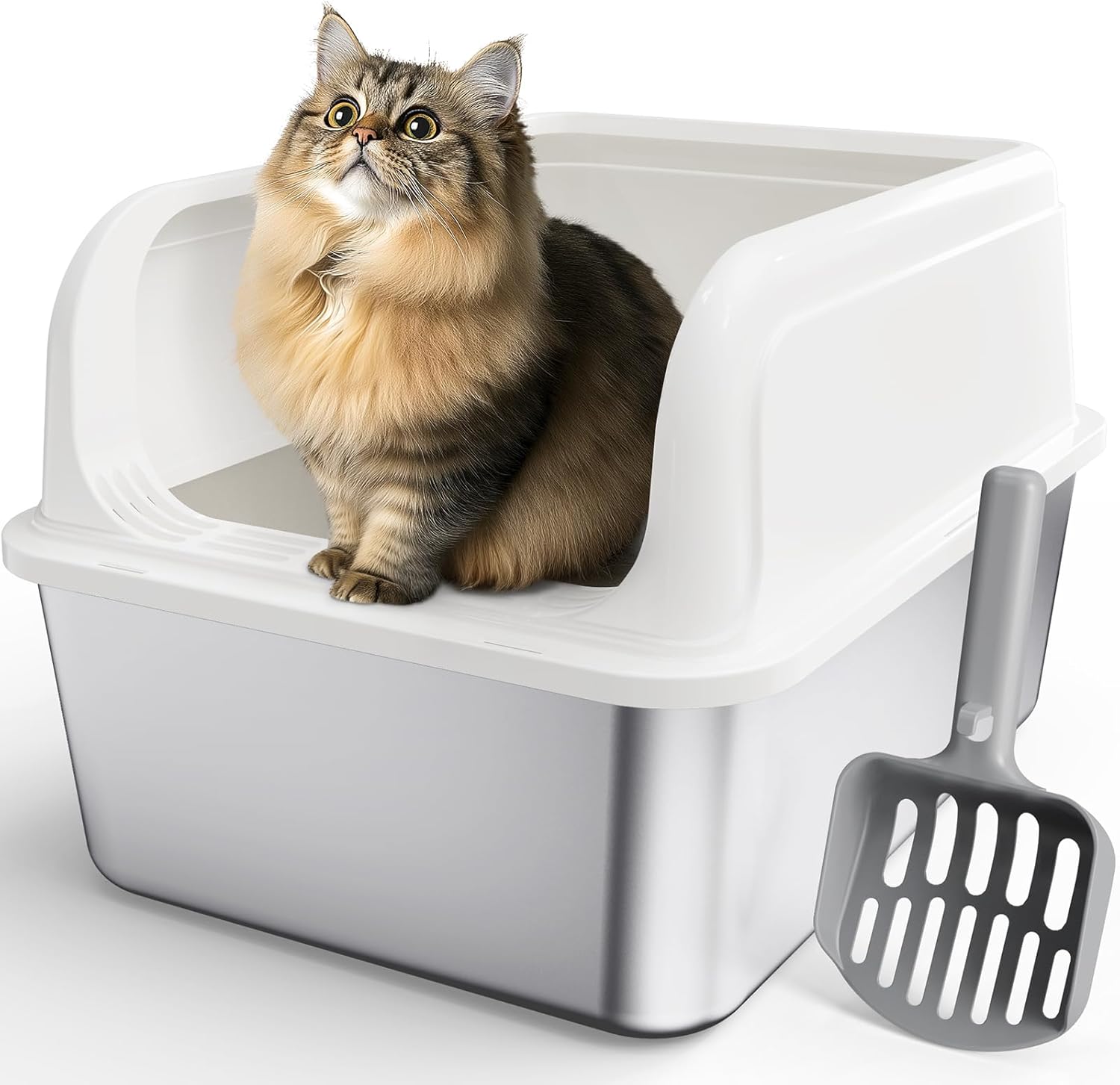 Stainless Steel Cat Litter Box, Metal Kitty Litter Box with Scoop, Anti-Leakage Top Entry, Non-Sticky, Easy to Clean, White, 13.5" × 17.3" × 11" 13.5 × 17.3 × 11 inch White