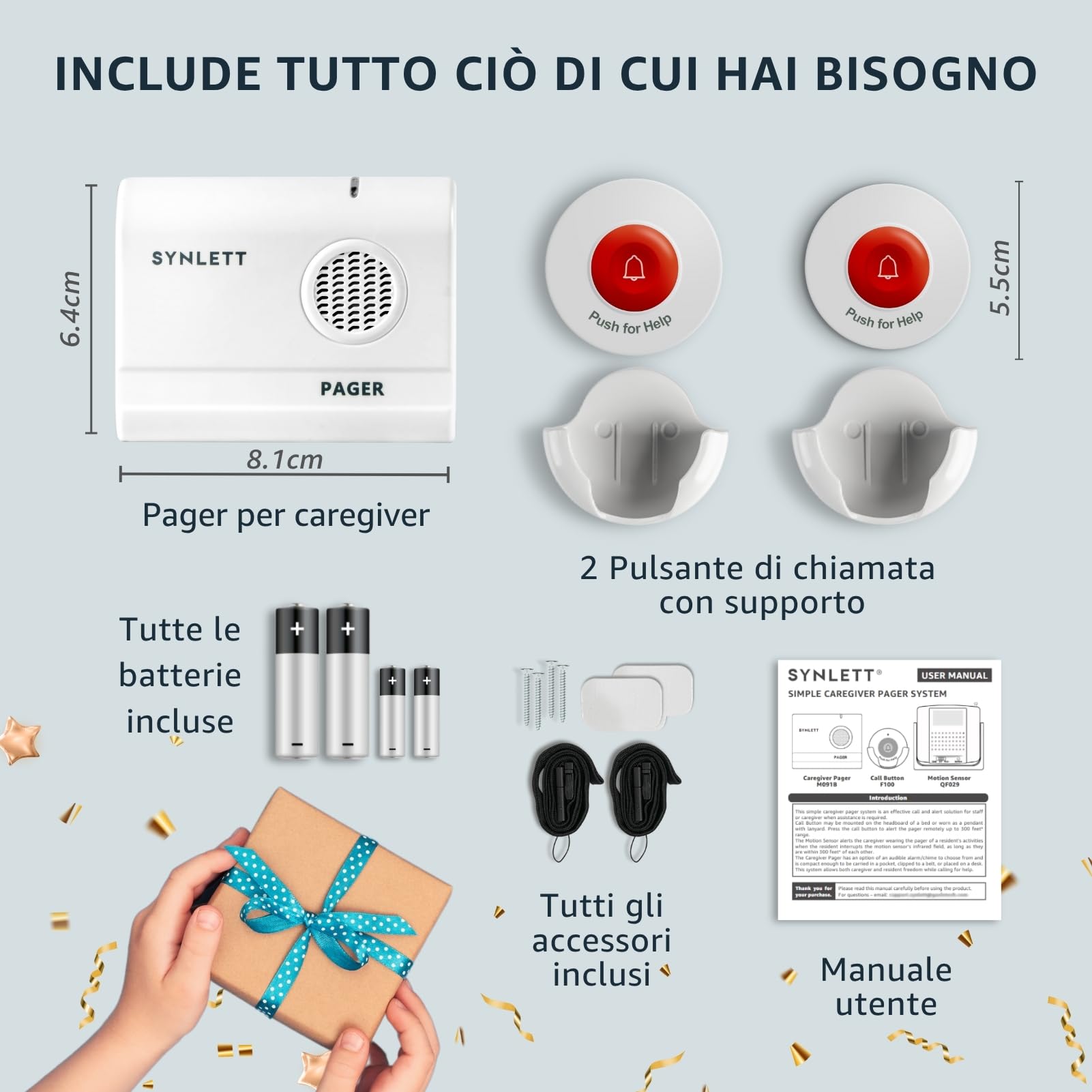 Cercapersone Wireless con Pulsanti SOS per Anziani – Sistema di Allarme Portatile per Caregiver, Chiamata Infermieristica, Pazienti ed Emergenze a Casa