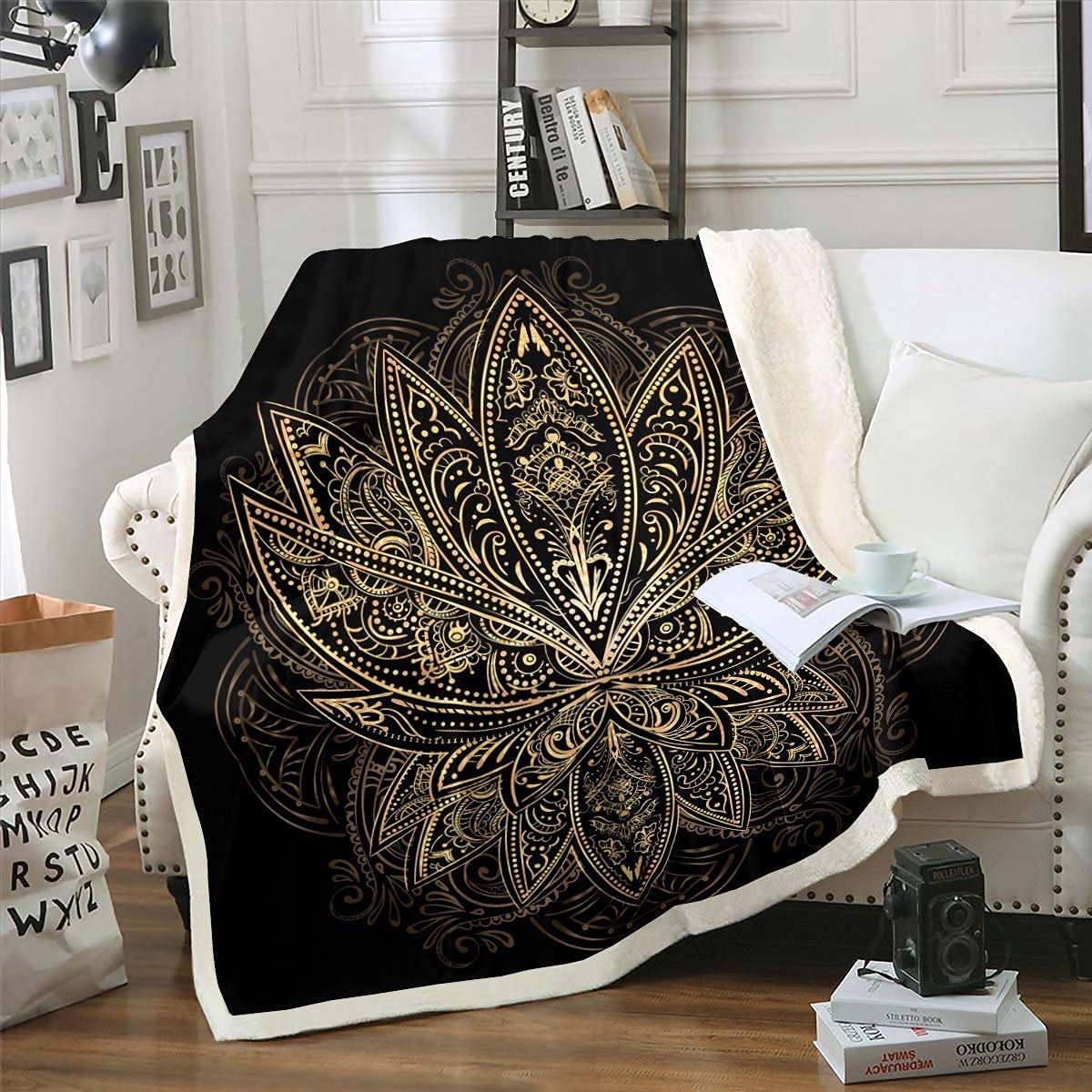 Loussiesd Boho Mandala Kuscheldecke 150x200cm Böhmische Dekorative Flanell Fleecedecke Hippie Mandala Wohndecke Jungen Mädchen Kinder Decke Schwarz Golden Exotisch Floral für Bettsofa