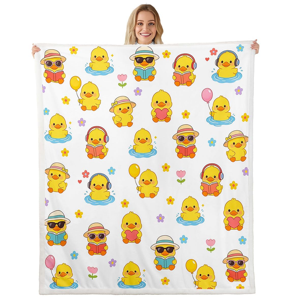 Homewish Dziecięcy koc polarowy z żółtymi kaczkami, podwójny, 152 x 203 cm, kreskówkowe kwiaty, ciepły, pluszowy koc sherpa, kawaii, dom wiejski, zwierzę, puszysty, pluszowy koc dla miłośników
