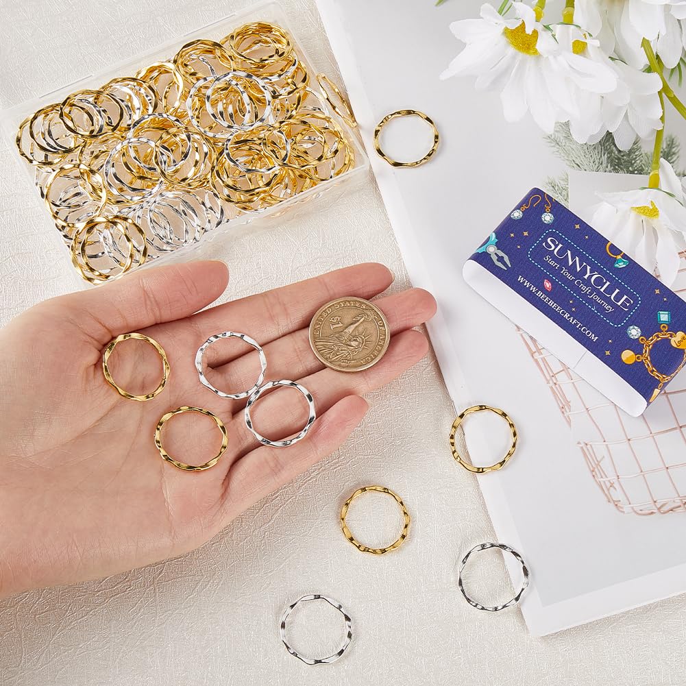 SUNNYCLUE 100Pcs Bezel Linking Rings, Circular Frames with Hollow Textured Charms in Gold & Silver - Image 3