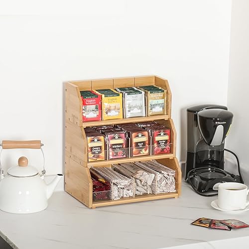 Miniatura 18 de Organizador de bolsas de té de bambú apilable de 2 capas y estante - Contenedores de madera para cajas de té - Soporte para encimera o gabinete