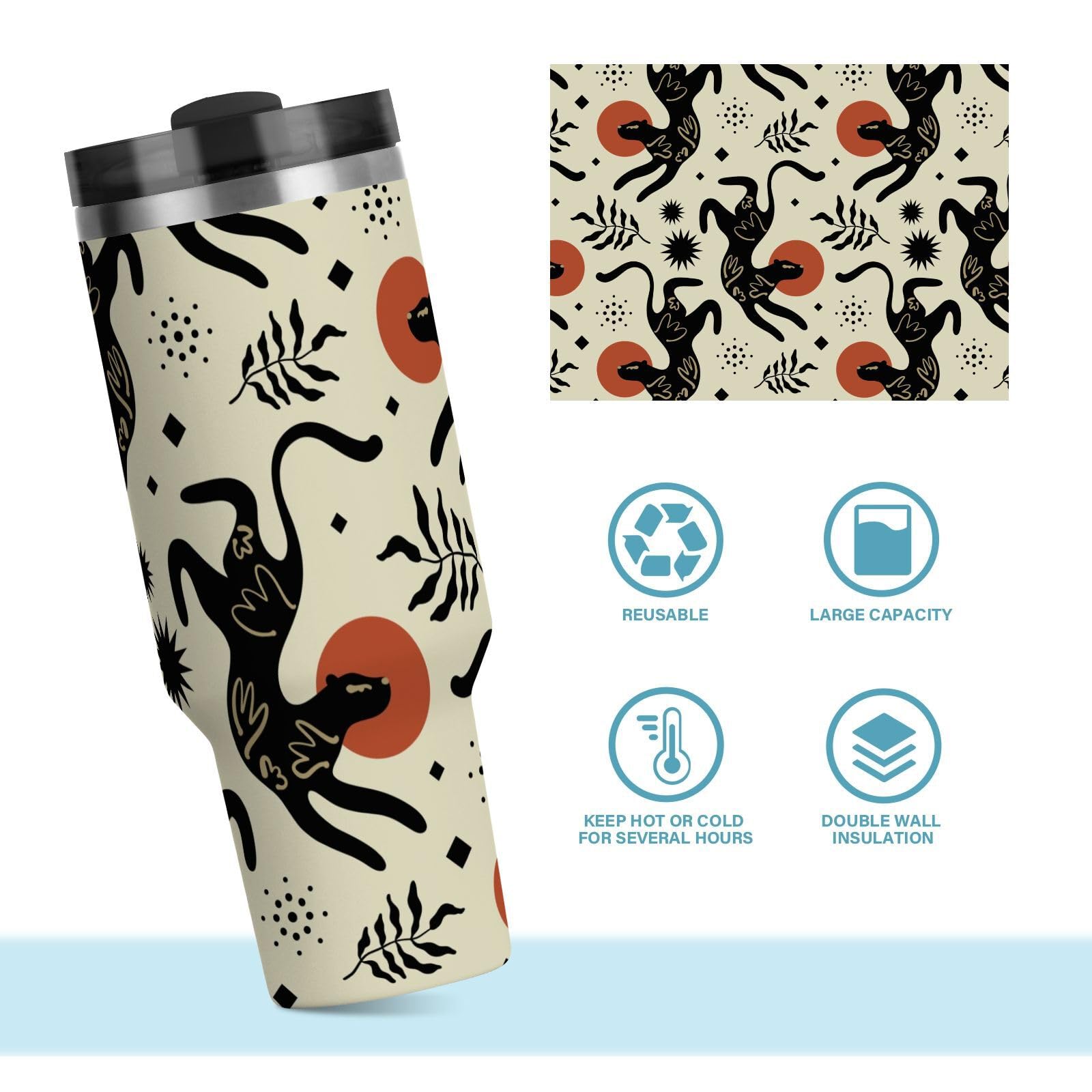 Isolierter Trinkbecher, ethnischer Boho-Leopardenmuster, doppelwandig, Edelstahl, Wasserflasche, Kaffeetasse, Reisebecher mit Griff, Strohhalm-Deckel
