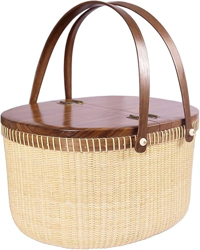 Teng Tian Nantucket Basket Crafts - Cesta de picnic con tejido de caña sobre caña, cesta de compras, cesta de almacenamiento, dos asas oscilantes