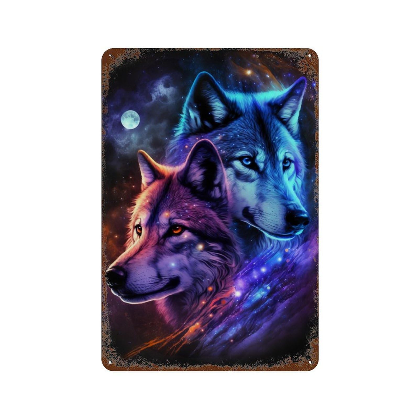 Rustic Tin Plaque Galactic Wolf Duo T-Shirt 11.8"x7.9", Vintage Wall Decor for Pub, Kitchen And Man Cave Decor