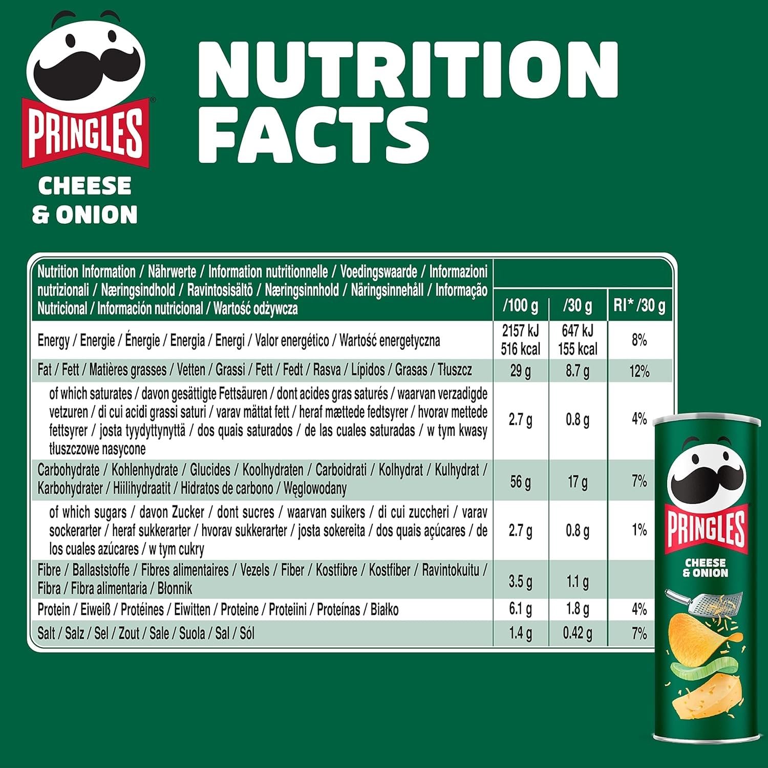 Pringles Cheese & Onion (19 x 165 g) – der unwiderstehliche Snack-Klassiker in der praktischen Dose – knackige Chips mit Käse und Zwiebel-Geschmack – Pop. Play. Eat.