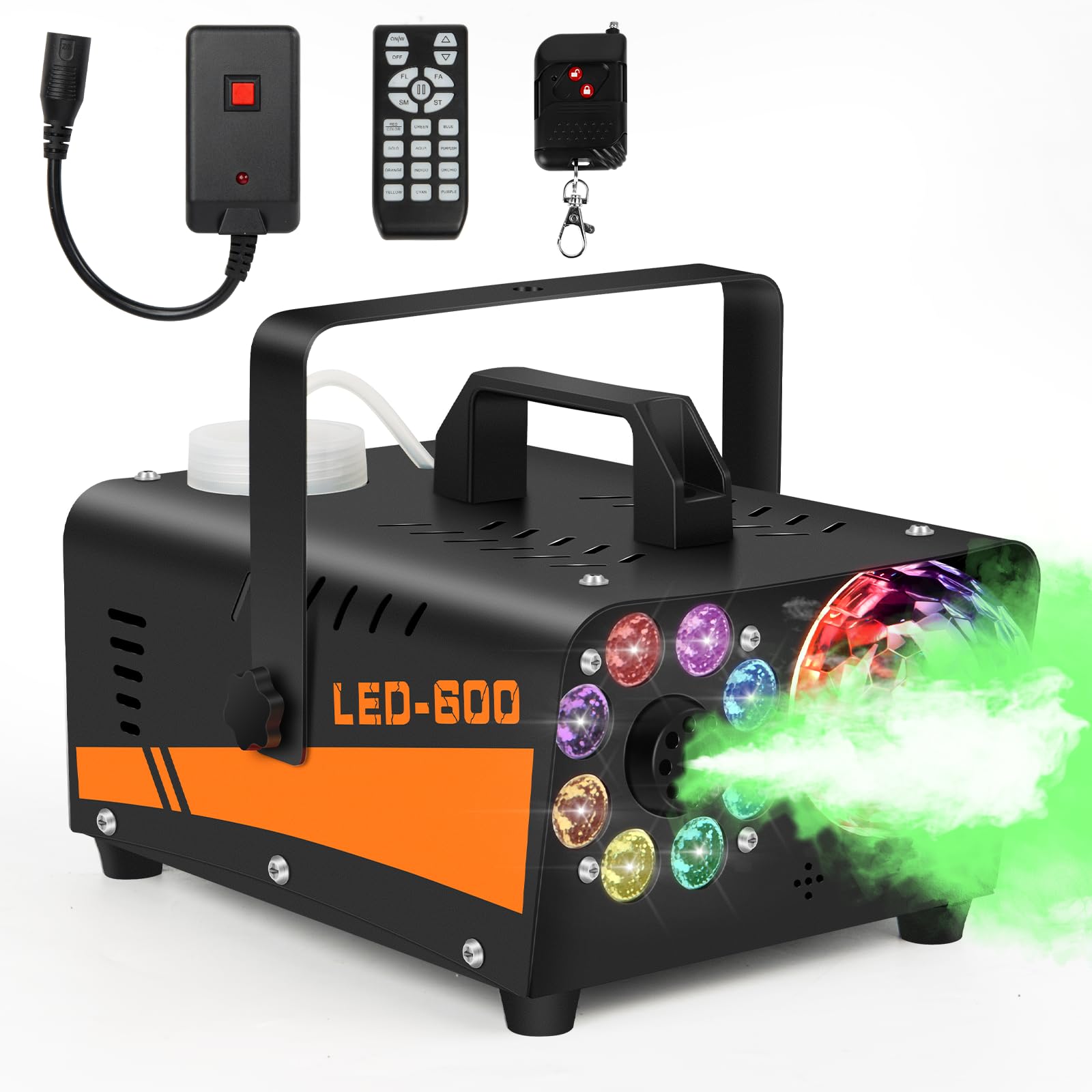 Fog Machine Halloween Outdoor, Smoke Machine with Disco Ball Lights, 600W Power and 3000CFM with 13 Colors LED Lights Wireless Remote Control, Perfect for Indoor, Parties, Halloween, Wedding, DJ Stage