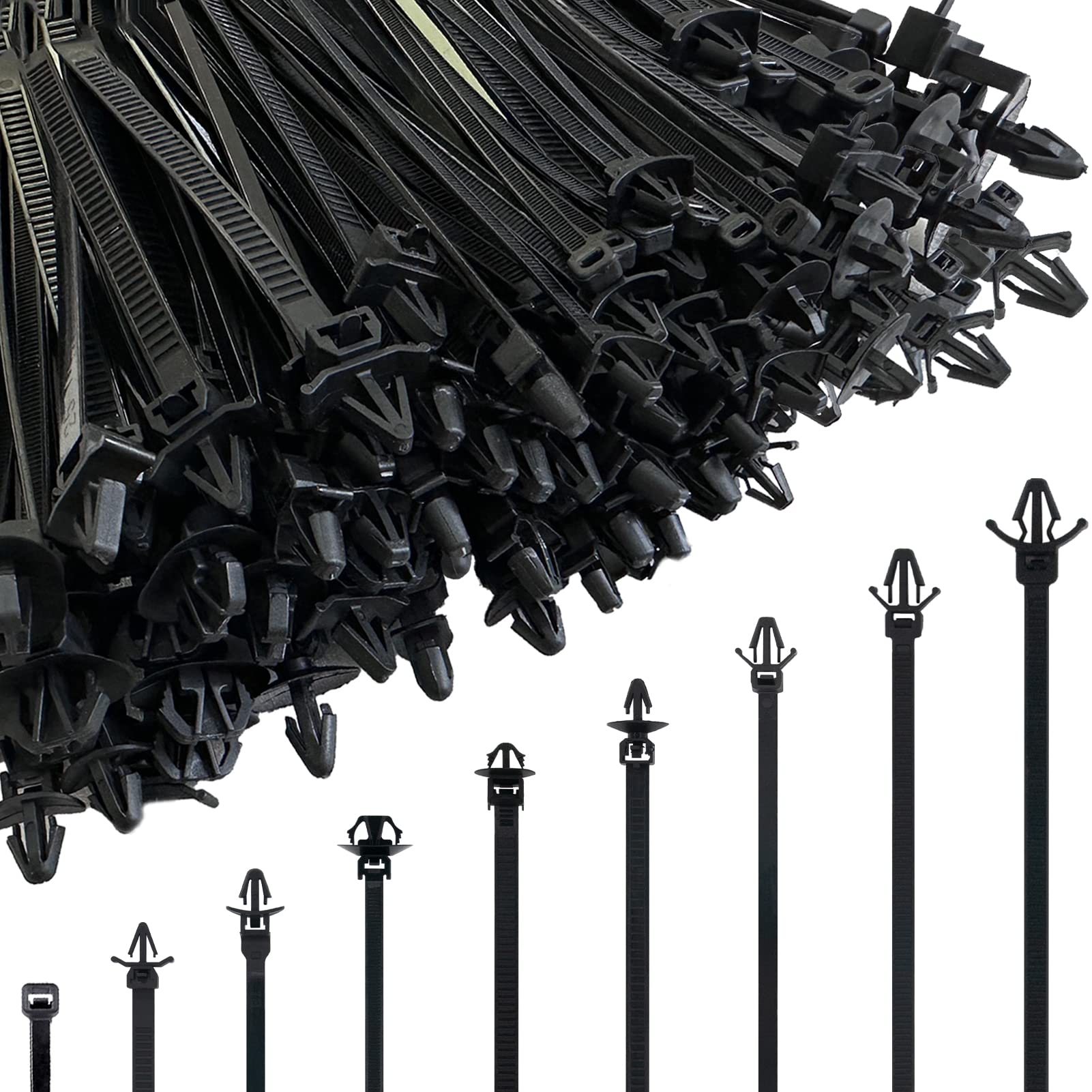 260Pcs Push Mount Cable Zip Tie,Nylon Self Locking Cable Strap,9 Most Popular Sizes,Heavy Duty Nylon Push Mount Self Locking UV Resistant Assortment For Indoor,Construction,Electronic and Auto