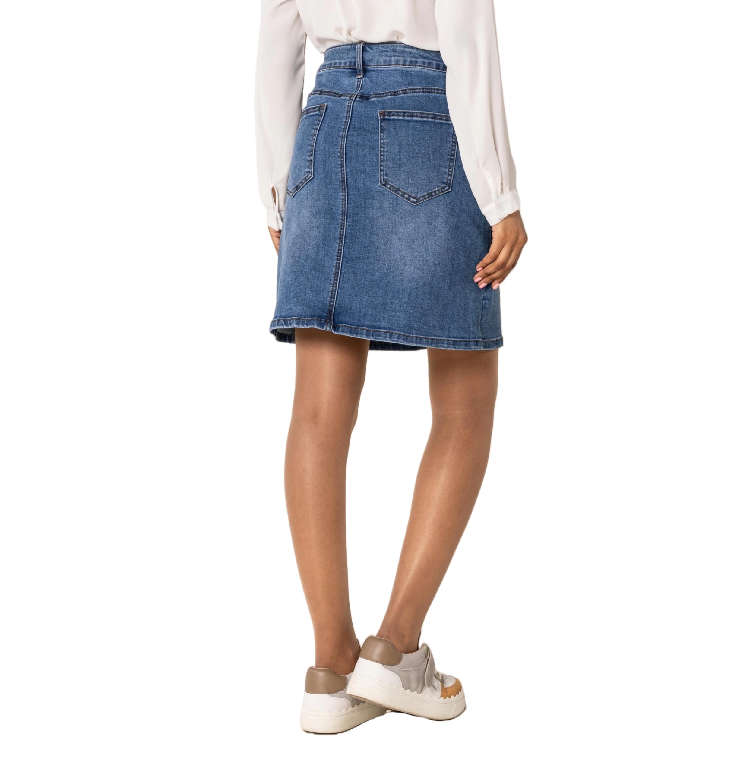 Nina Carter P213 Falda vaquera corta para mujer, con abertura frontal, cremallera elástica, aspecto desgastado