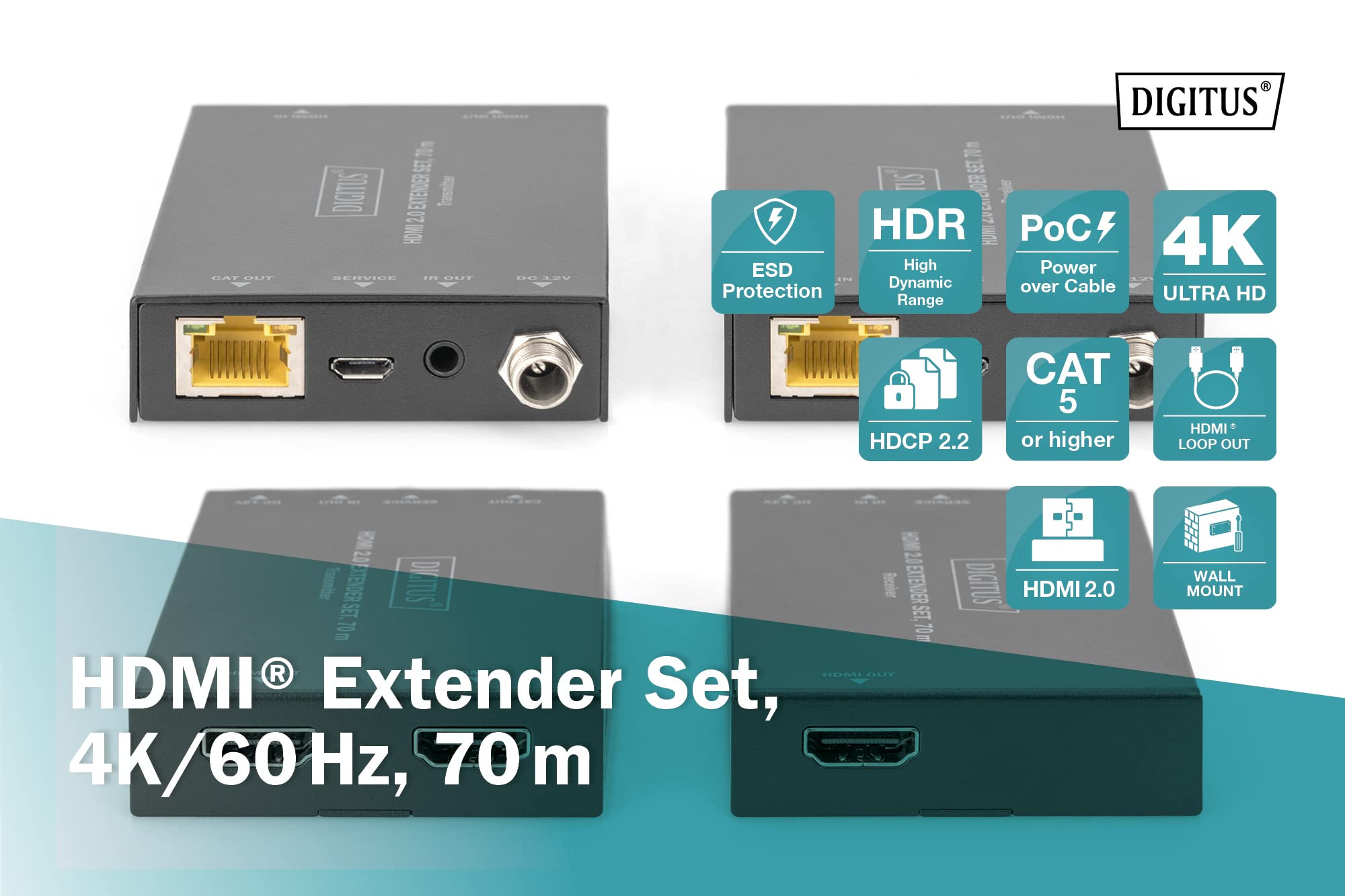 DIGITUS Set estensore HDMI 2.0 70 m 4K/60 Hz 18 Gbps HDCP 2.2 HDR PoC