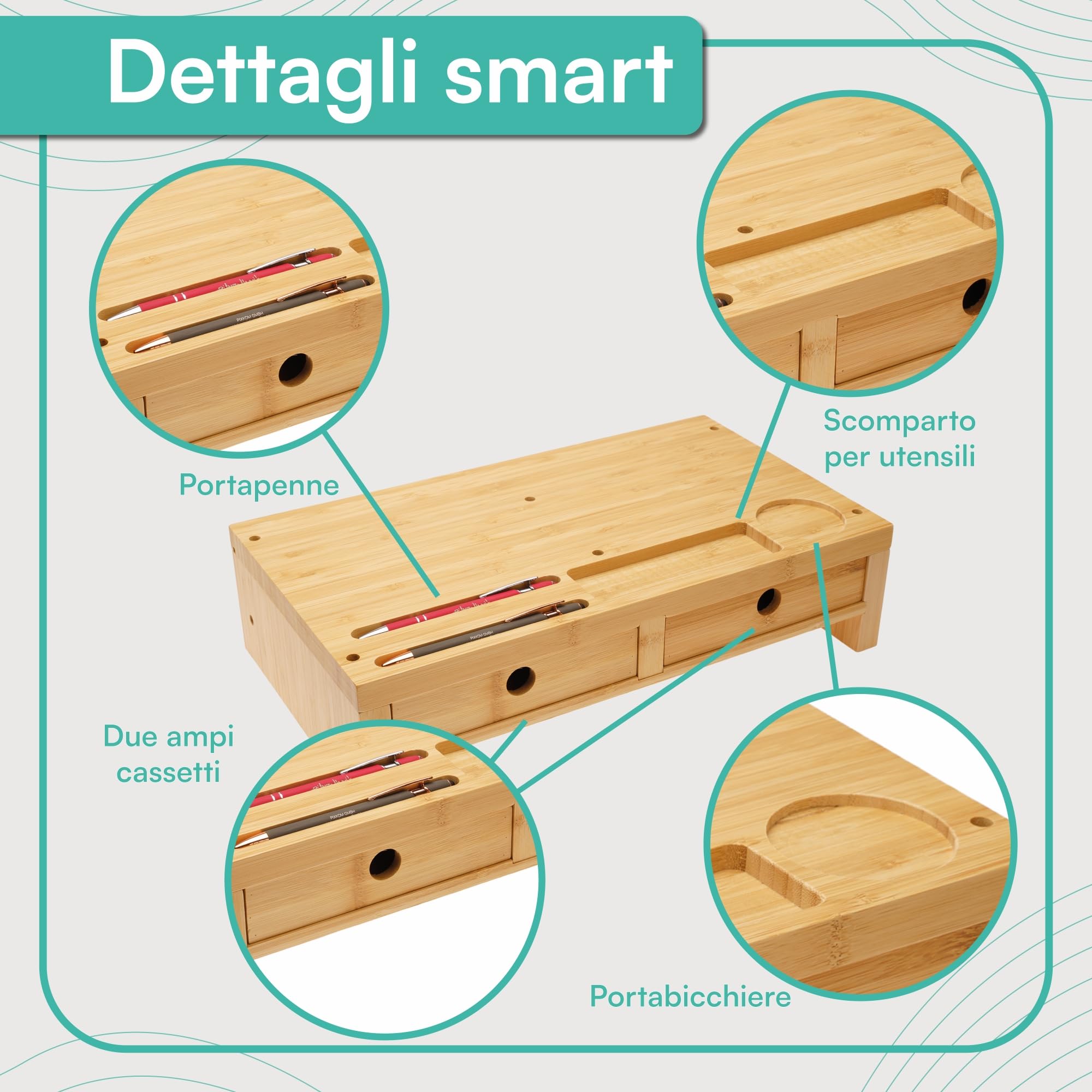 pixly® Supporto per Monitor con Cassetti 42x24x10,5 cm Sollevamento Ergonomico in Legno con Spazio di Archiviazione Organizer da Scrivania in Bambù Sostenibile per Monitor e Computer