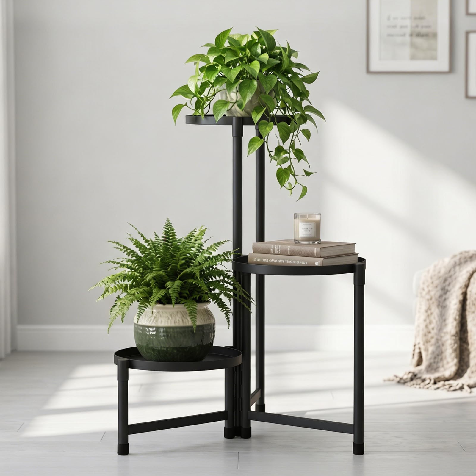 Soporte de metal para plantas de 3 niveles, soporte para flores, soporte de metal negro, soporte para plantas de interior con varios estantes, mesa para plantas de interior y exterior, jardín