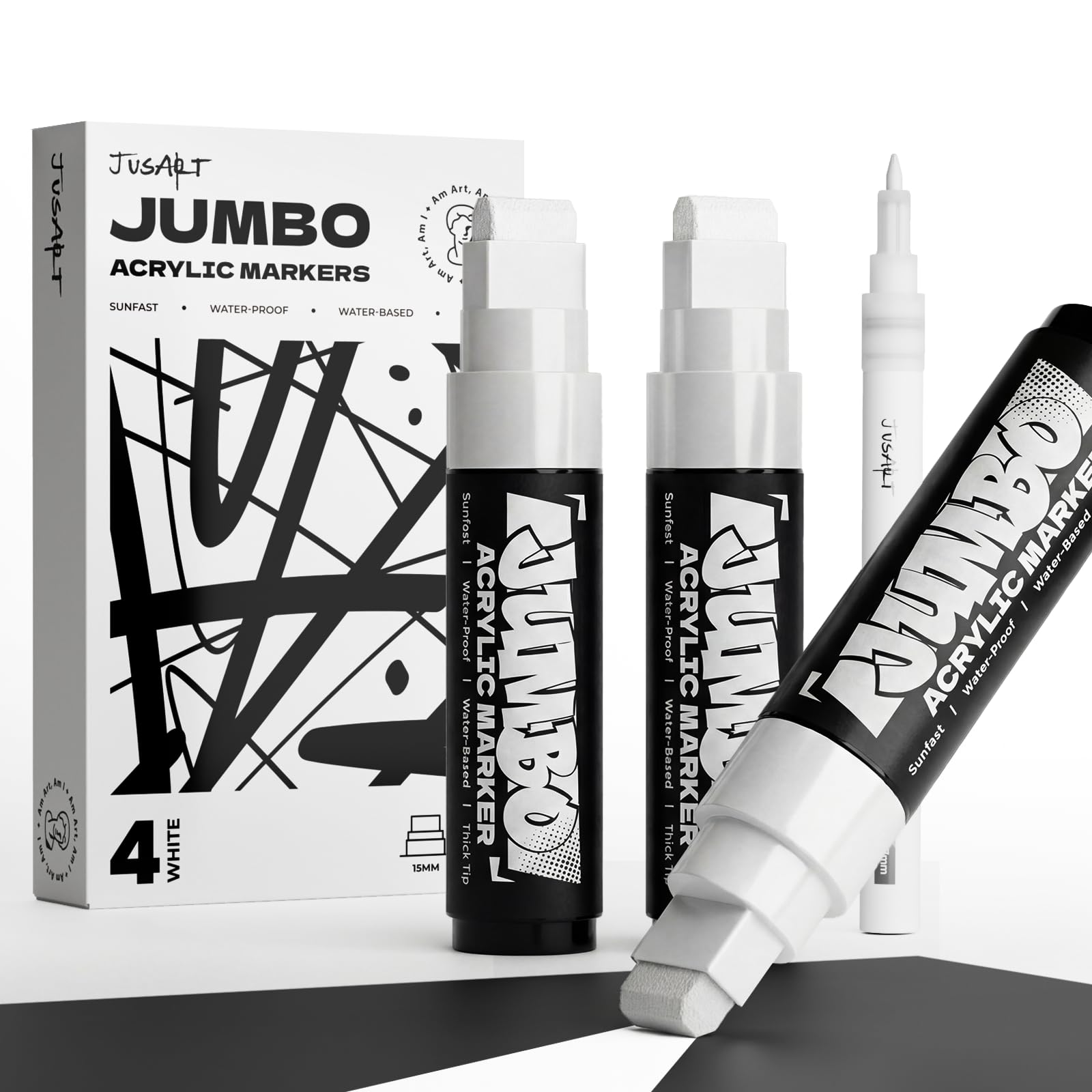 JusArt 4 Pcs White Jumbo Poster Marker Set, 15mm Wide Tip and 0.7mm Fine Tip, Acrylic Paint Markers for Rock, Fabric, Glass, Ceramic, Wood