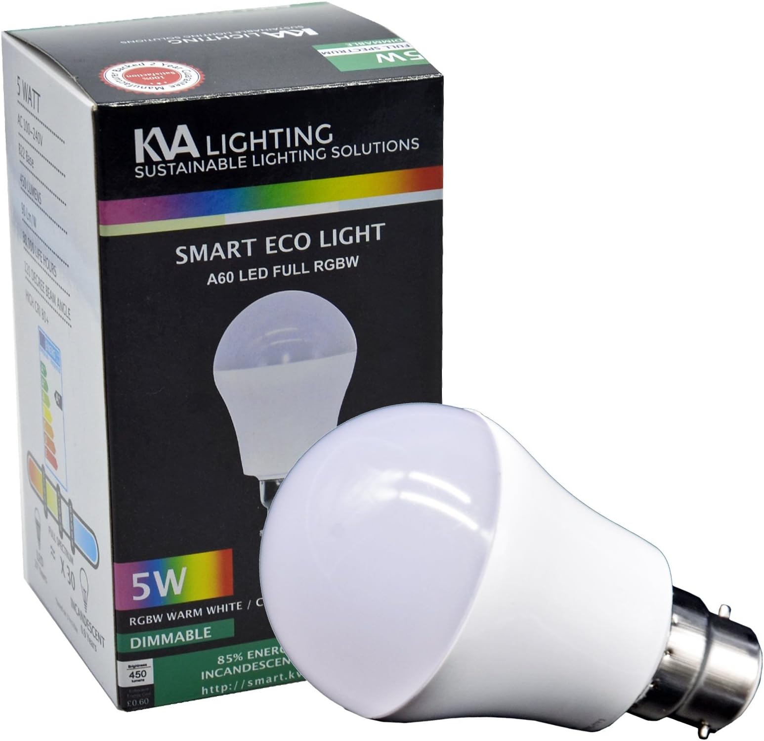KVA LIGHTING Smart Light LED Bulb, B22 A60, 5W to 40W, Bright 450 Lumens, Dimmable, RGBW, Requires Gateway, Pack of 1 [Energy Class A+]