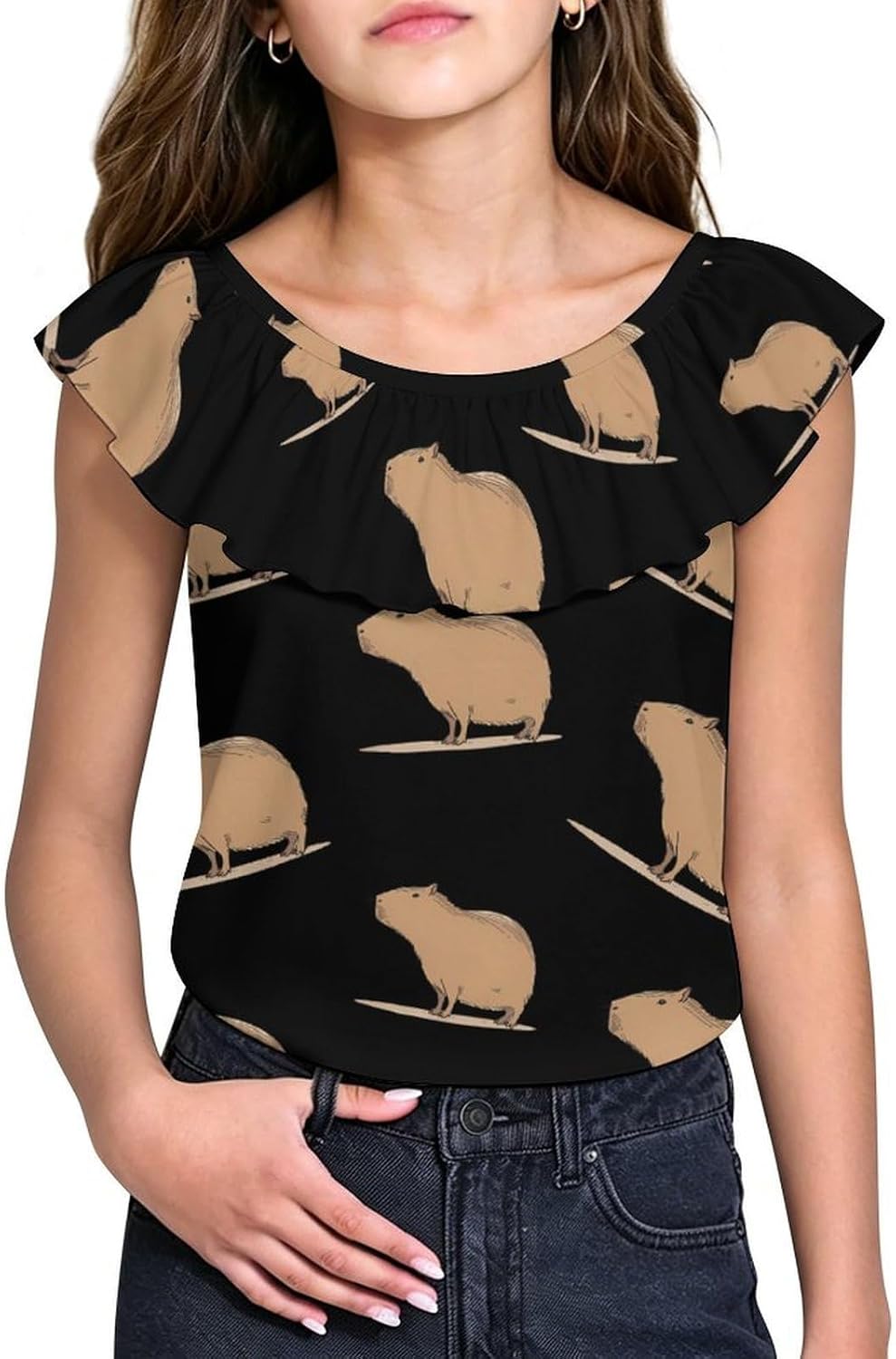 Capybara Girls T-Shirts Top Ruffle Short Sleeve Blouse Casual Graphic Tees