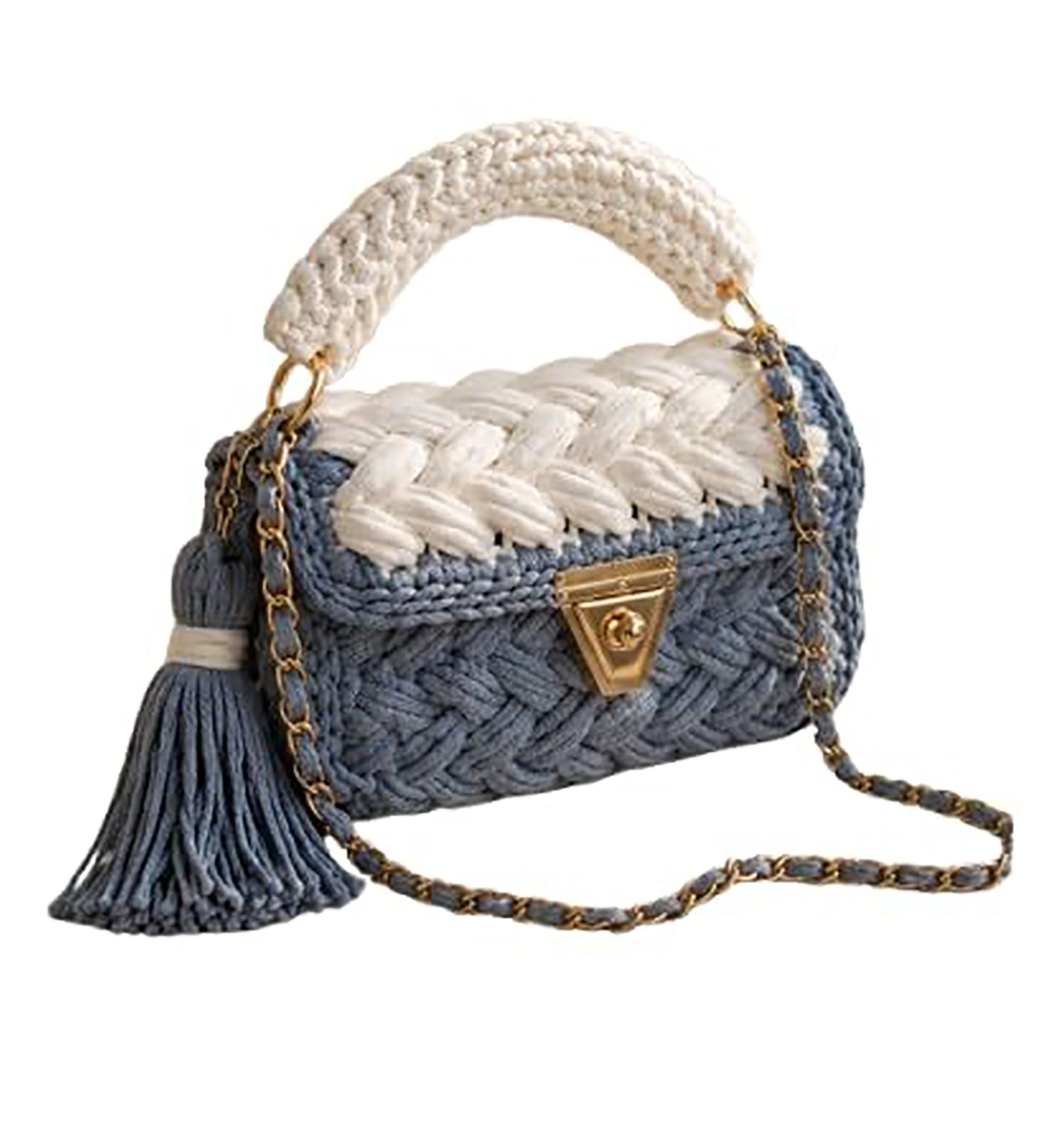 Crochet Woven Handbag | Blue and White | Tassel Detail | Gold Chain Strap |Top Handle Crossbody Bag-image-29
