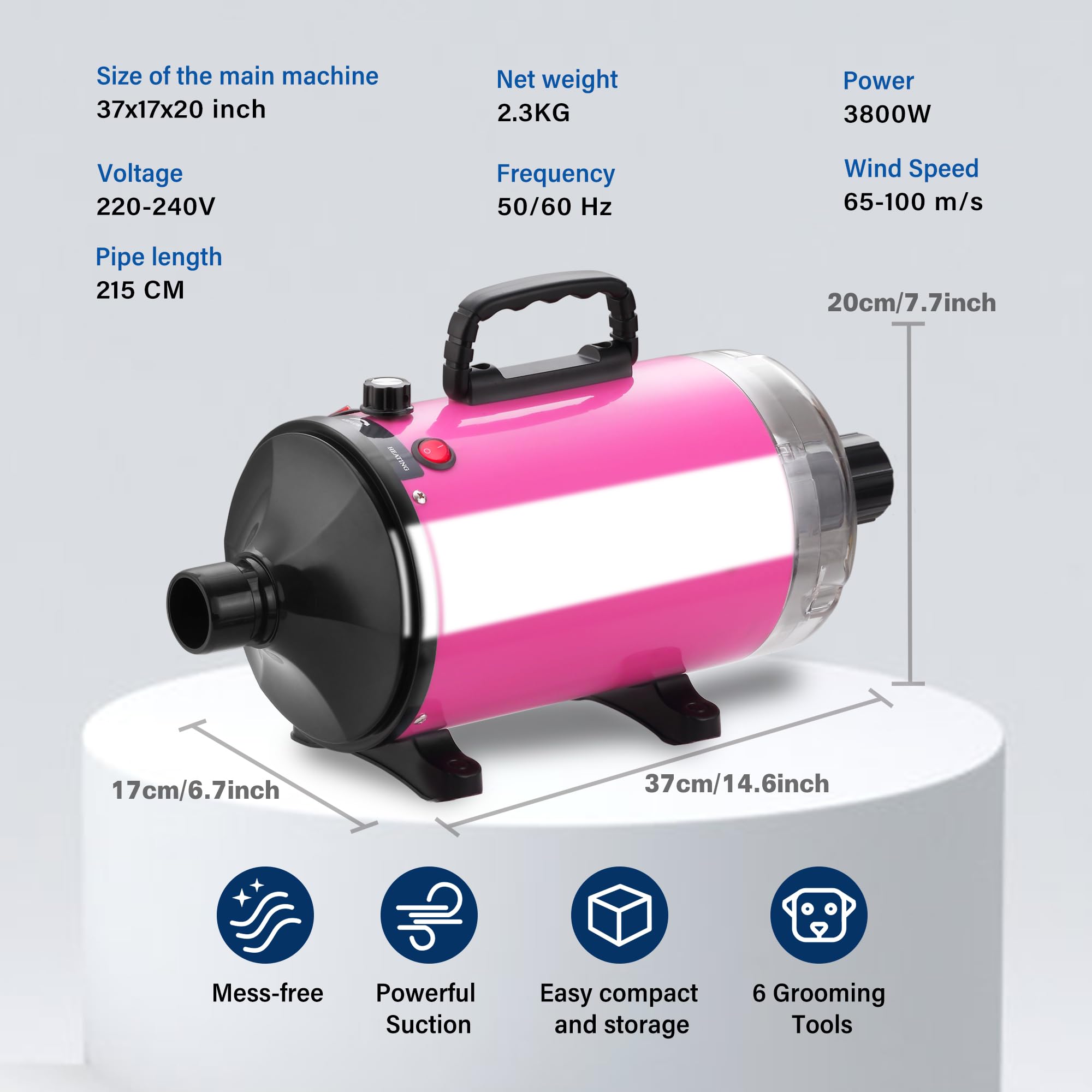 DEWINNER Asciugacapelli per cane Blower 3800 W, Pulsore per cani con aspirapolvere, velocità e temperatura regolabili, 5 ugelli, tubo elastico e spazzola di manutenzione