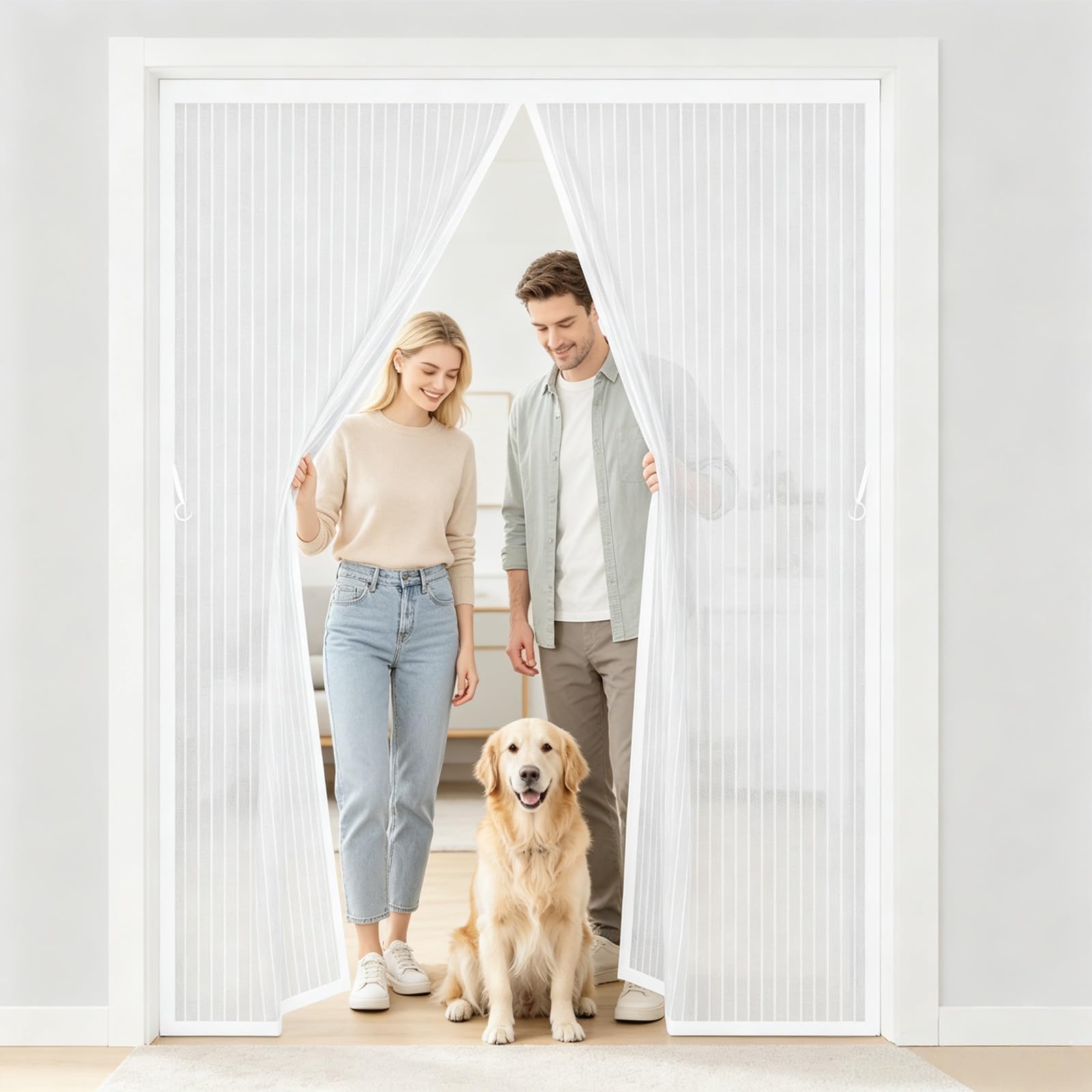 Gaifnag White Magnetic Screen Door 193 X 230 Cm With Powerful Magnets And Full Frame Adhesive Strips, Hands-Free Closing Mosquito Double Door For Front Doors, Sliding Doors,
