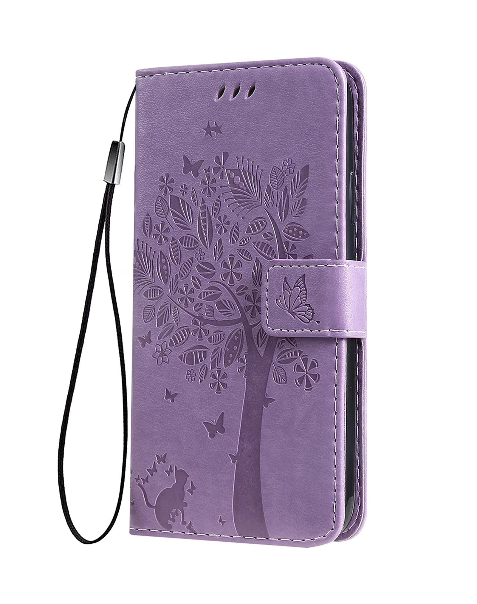 MAOGE Cover per Motorola Moto G42 Portafoglio, Custodia con Bella Foglie e Gatto in Rilievo Design in Pelle Custodia, Antiurto Case Custodia, Blu