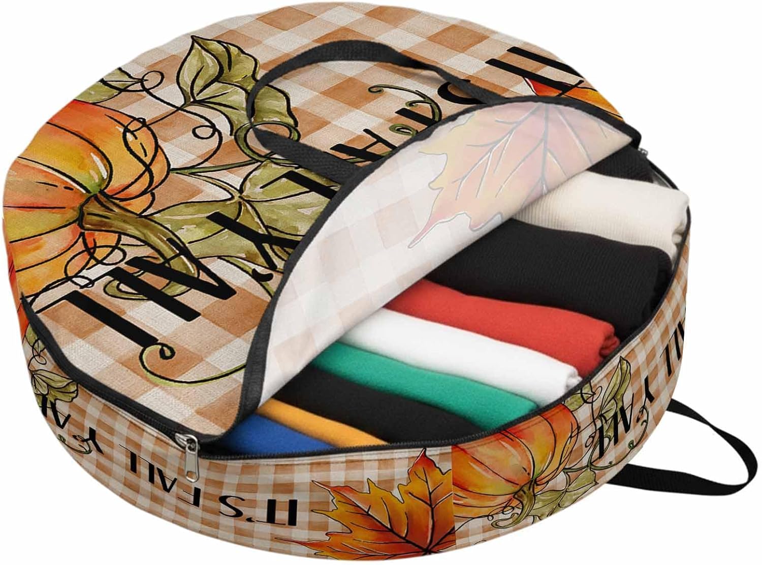 Fall Thanksgiving Round Storage Bag 36 Inch, Orange Pumpkin Fall Maple Leave Clothes Storage Container with Handles Heavy Duty Organizer for Comforter, Bedding & Holiday Wreaths