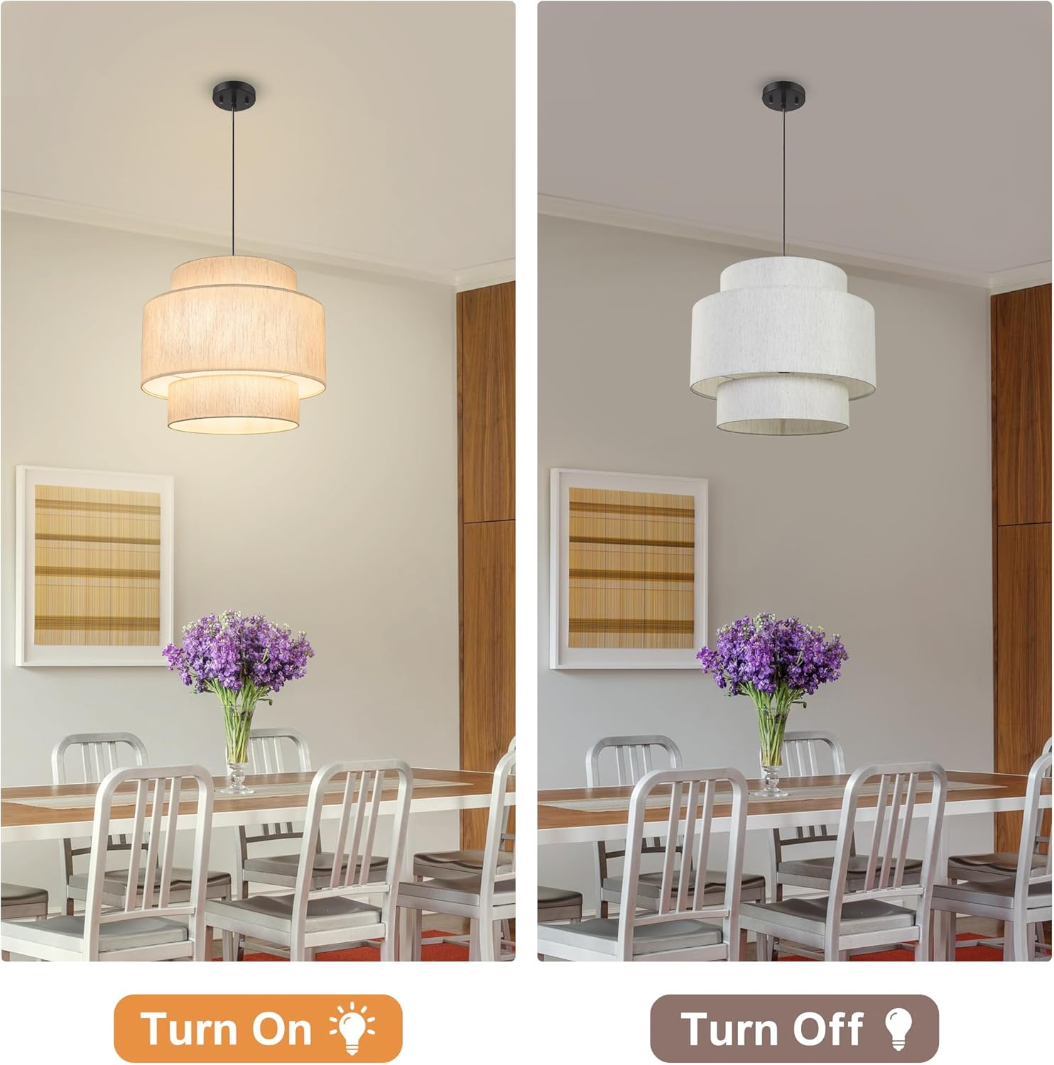 Pendant Lights with Beige Linen Drum Shade Chandelier Hanging Light Fixture 19.7" Pendant Lights Kitchen Island, Large Drum Pendant Light Fixtures 3-Tier Kitchen Chandelier for Entryway Living Room Drum Chandelier