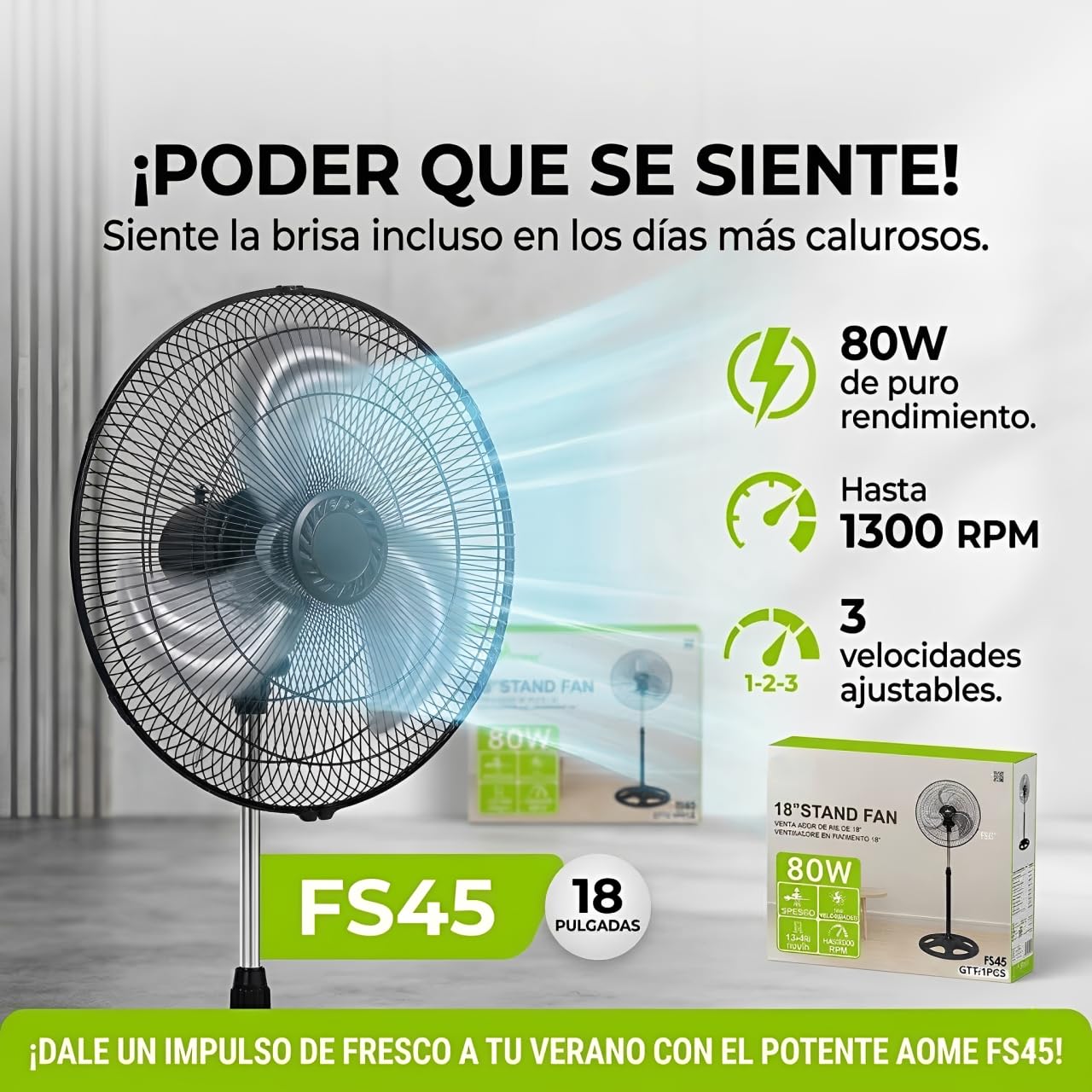 Ventilador de Pie de 18 Pulgadas, Potente Motor de 80W, Oscilación Amplia de 180°, 3 Velocidades, Altura de 125 cm, Ventilador de Suelo Silencioso para Hogar, Dormitorio y Oficina.