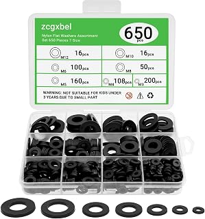 zcgxbel 650-Piece Nylon Flat Washers Assortment Kit, 7 Sizes M3-M12 Black Plastic for Screws Bolts, Durable Washer Set for DIY & Commercial Use