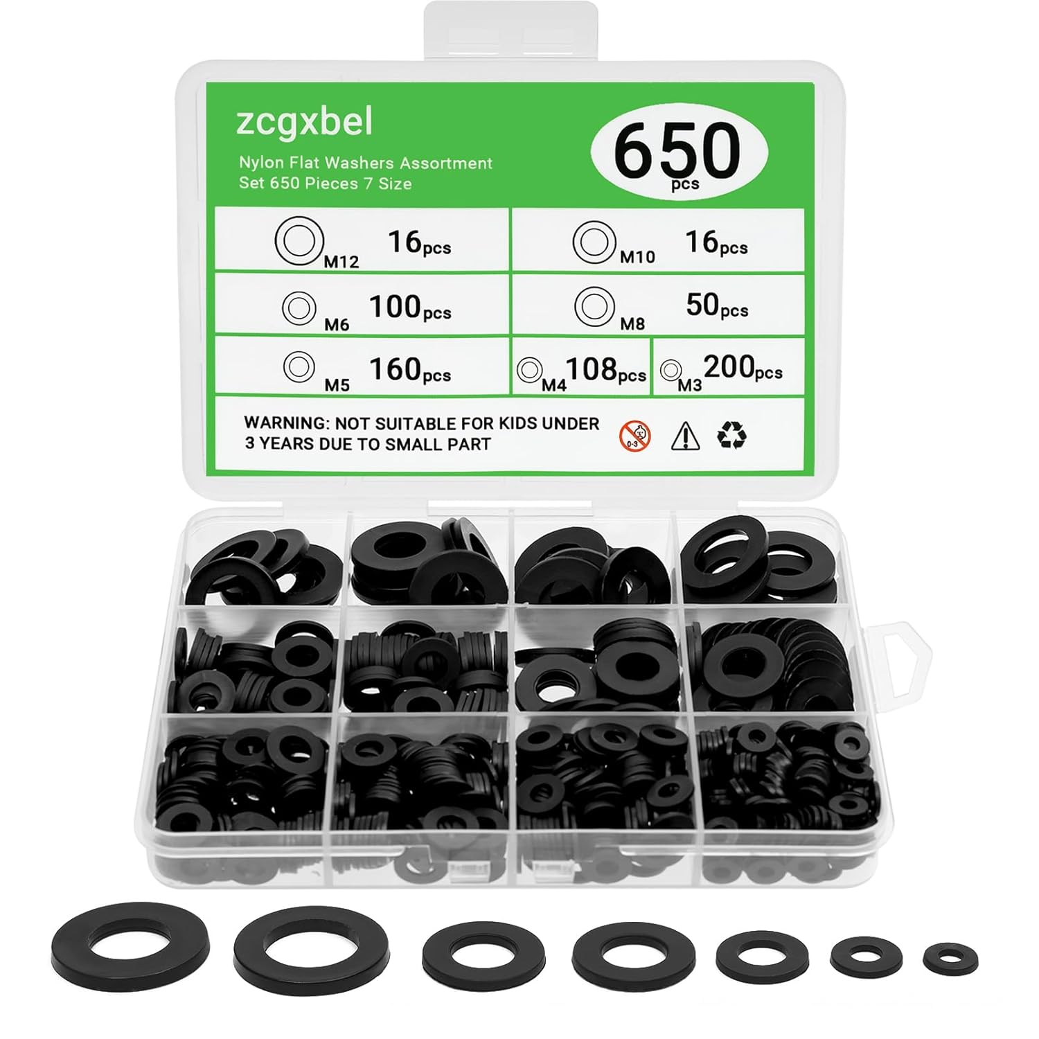 zcgxbel 650-Piece Nylon Flat Washers Assortment Kit, 7 Sizes M3-M12 Black Plastic for Screws Bolts, Durable Washer Set for DIY & Commercial Use