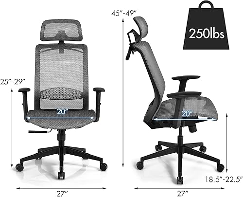 Miniatura 3 de Giantex Silla de oficina ergonómica, silla de escritorio de malla con reposacabezas ajustable, silla ejecutiva de respaldo alto, cómoda silla