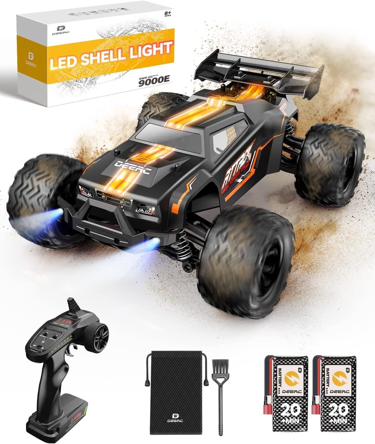 DEERCRemote Control Car 1:14, 4WD RC Car 25 MPH with LED Light, 2 Battery 40 Minutes Running Time, 2.4 GHz Remote Control Offroad Truggy Toy Gift for Adults and Kids (9000E)