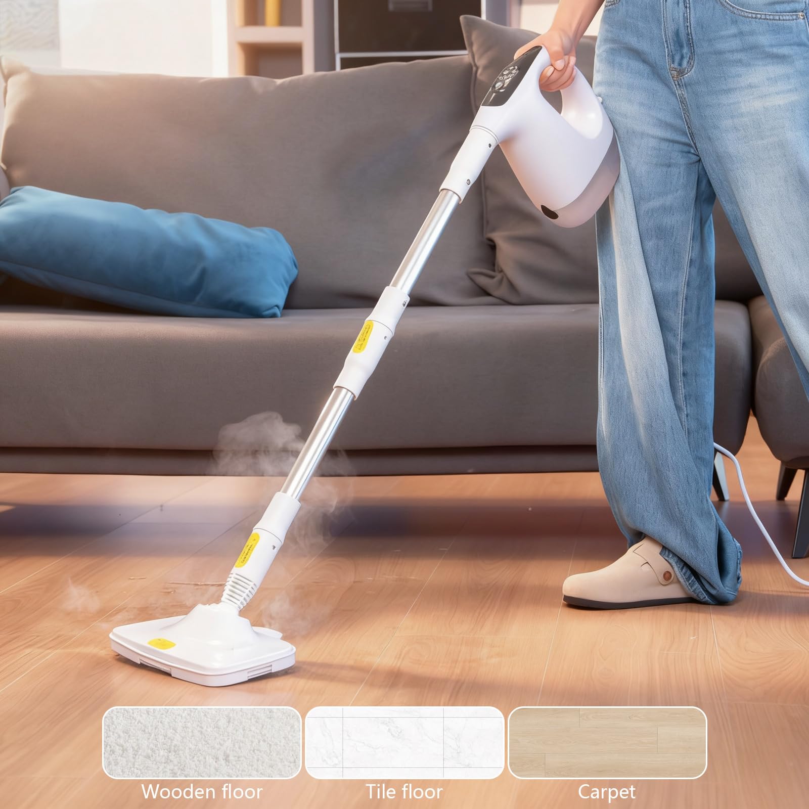 Mop parowy, ręczny odkurzacz parowy, 1200 W, zawiera 15 nasadek czyszczących, nadaje się do podłóg z twardego drewna, płytek, fug, mebli, czyszczenia dywanów