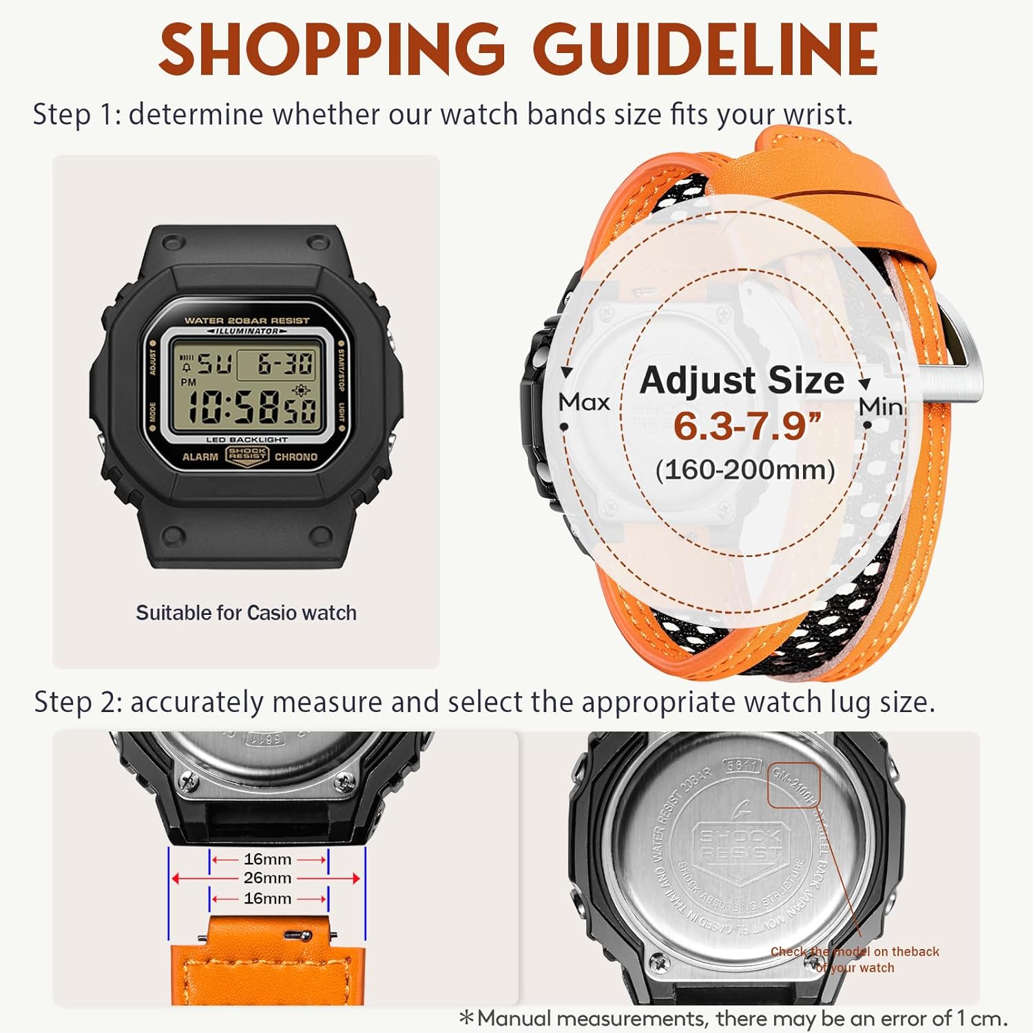 Diagram showing how to measure watch lug size and adjust strap length.