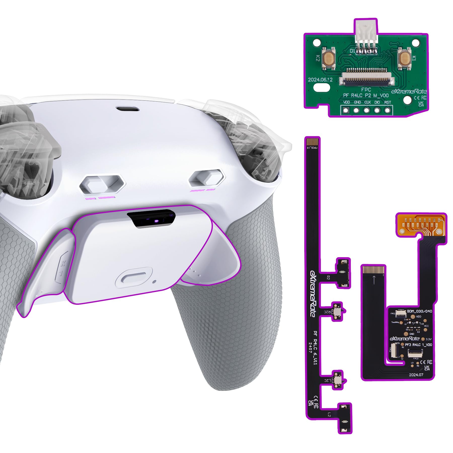 eXtremeRate RISE Plus MAX Remap Kit con Clicky Kit para ps5 Control Modelo BDM-030/040/050 Tope Gatillos & Goma Grip Carcasa Trasera & Botones Posteriores Remapeables para ps5-SIN Mando(Blanco Gris)
