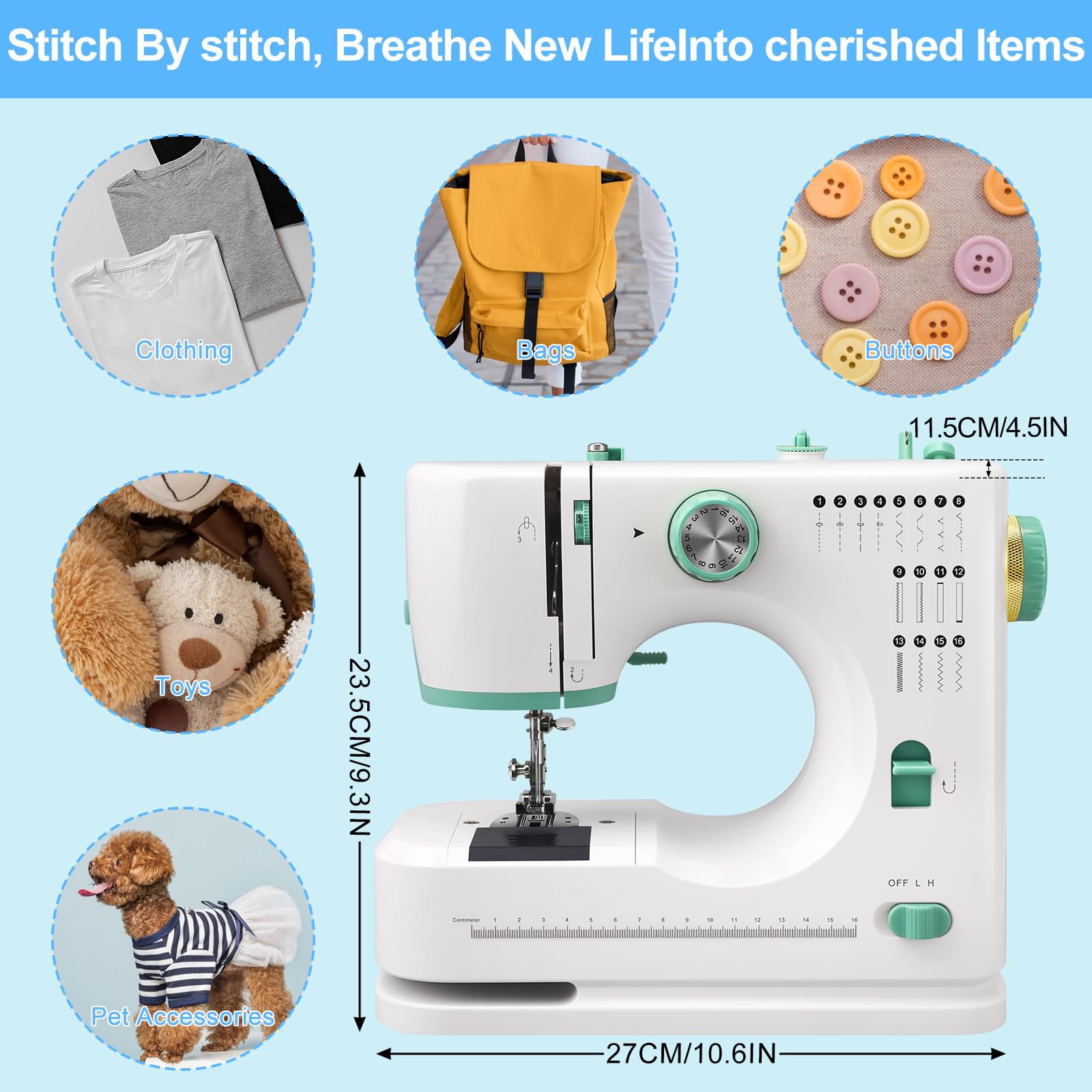 Mini Nähmaschine für Anfänger mit 32 Fäden Kit, 16 integrierte Stiche, multifunktionales tragbares Nähen mit Fußpedal, kleine Nähmaschine zum Reparieren