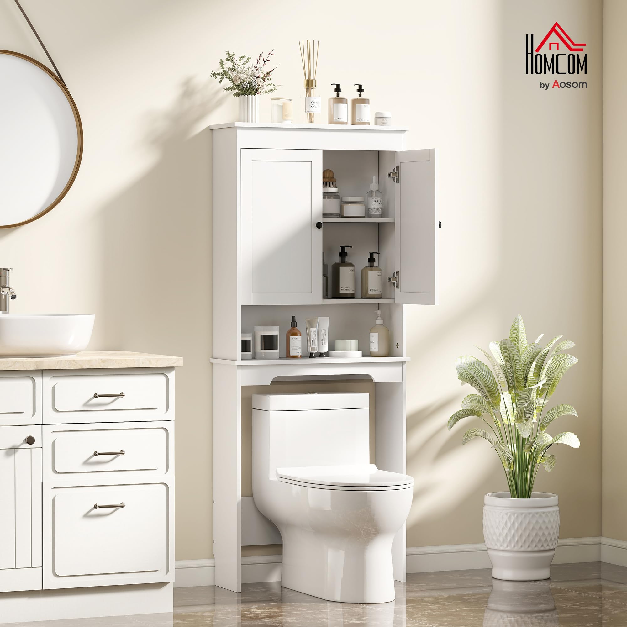 HOMCOM Mobile Sopra WC con 2 Mensole Chiuse, Ripiano Aperto e Soft Close, Mobile Contenitore Salvaspazio in Legno, Scaffale Sopra WC, 65x22x161 cm, Bianco