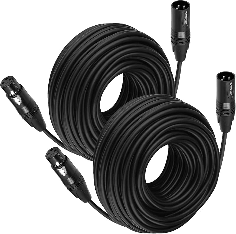 XLR Cables for Microphone 50 Feet 2-Pack | Premium Balanced 3 Pin XLR Male to Female Patch Cords for Recording, DJ, Mic, Noiseless, 22AWG, Black