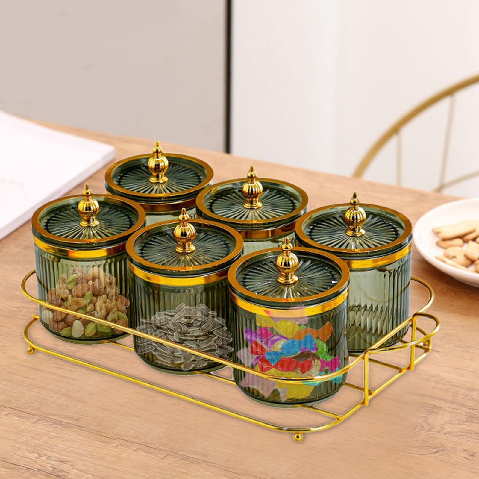 Plateau à condiments à 6 compartiments pour collations, noix, fruits secs et frais, plateau de service polyvalent et bol vert, 35,5 x 18,5 x 12 cm, parfait pour les desserts et les fêtes