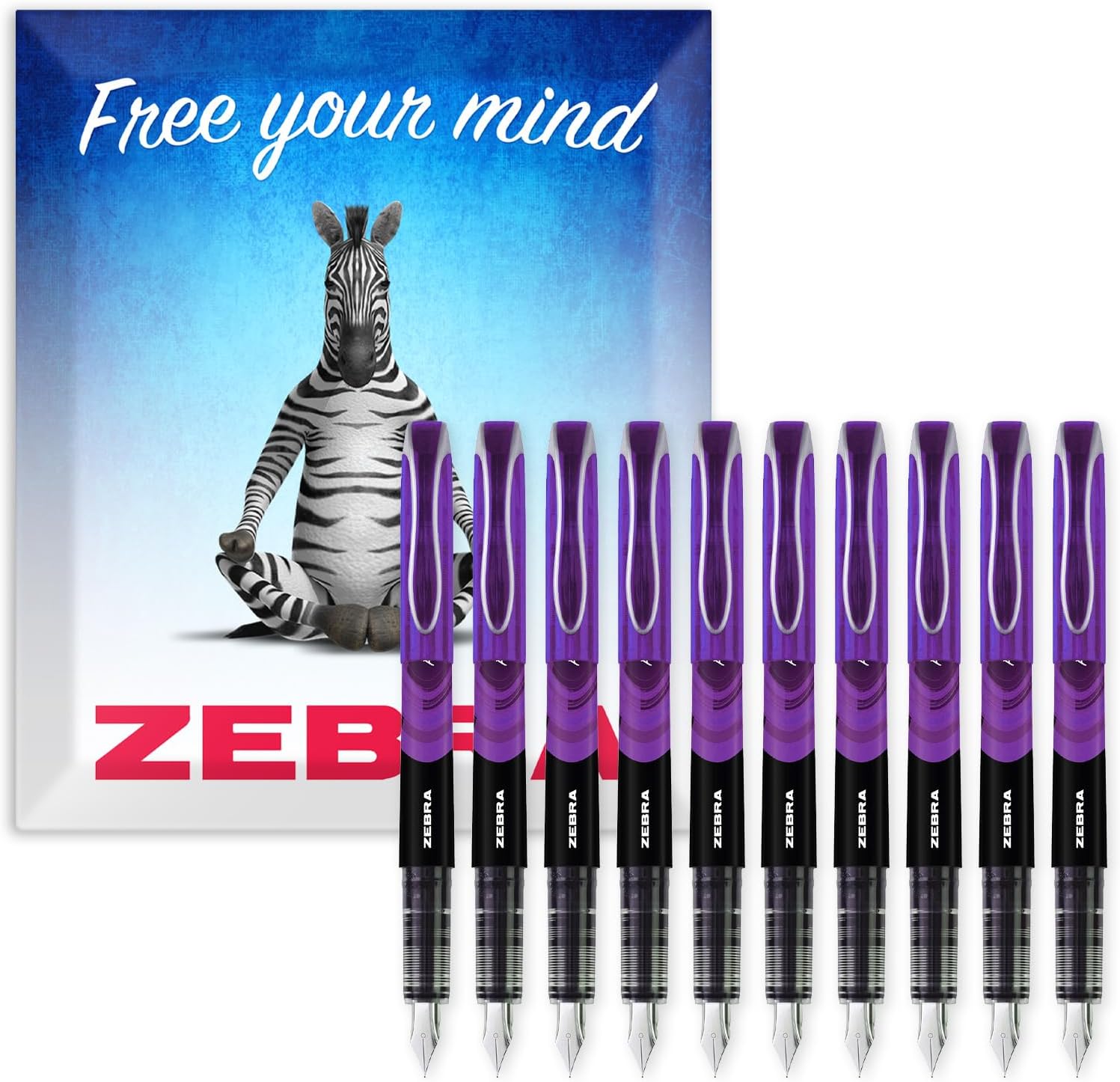Zebra Fuente - Disposable Fountain Pen - 1.0mm Fine Nib 0.6mm Line Width - Violet Ink - Pack of 10 - In Gift Box