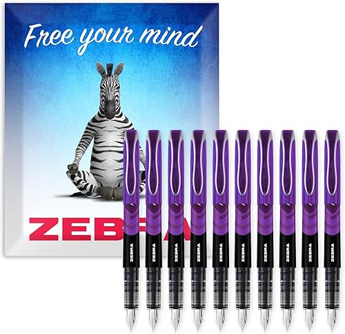 Zebra Fuente - Pluma estilográfica desechable, punta fina de 0.039 in, 0.024 in de ancho de línea, tinta violeta, paquete de 10 unidades, en caja de