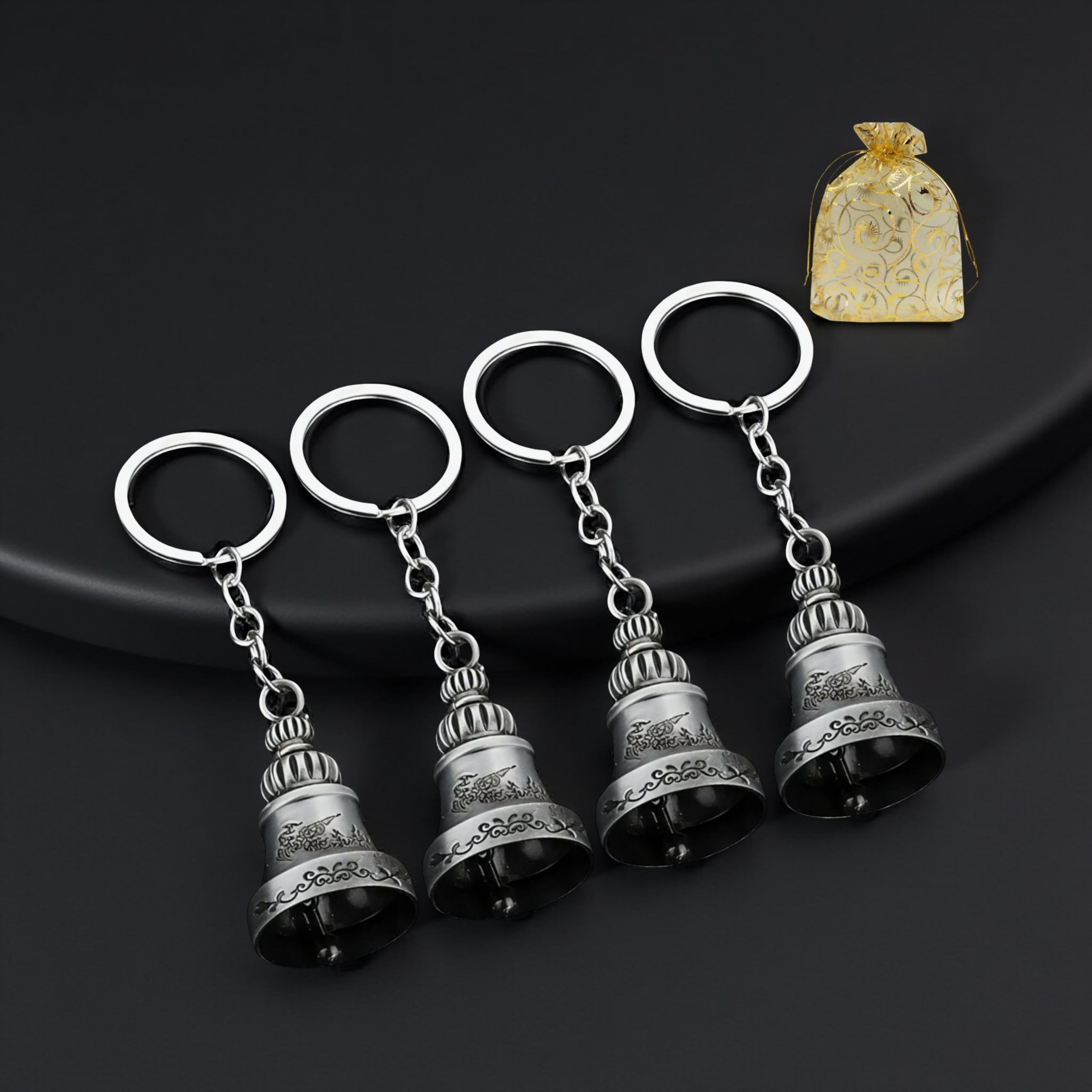 Combo of 4 Guardian Bell For Bike Keychain | Good Luck Charm for Bike, Car, Home | Tibetan Style Antique Copper Key Chain for Positive Energy & Protection | Combo of 4 Silver Guardian Bell-image-19