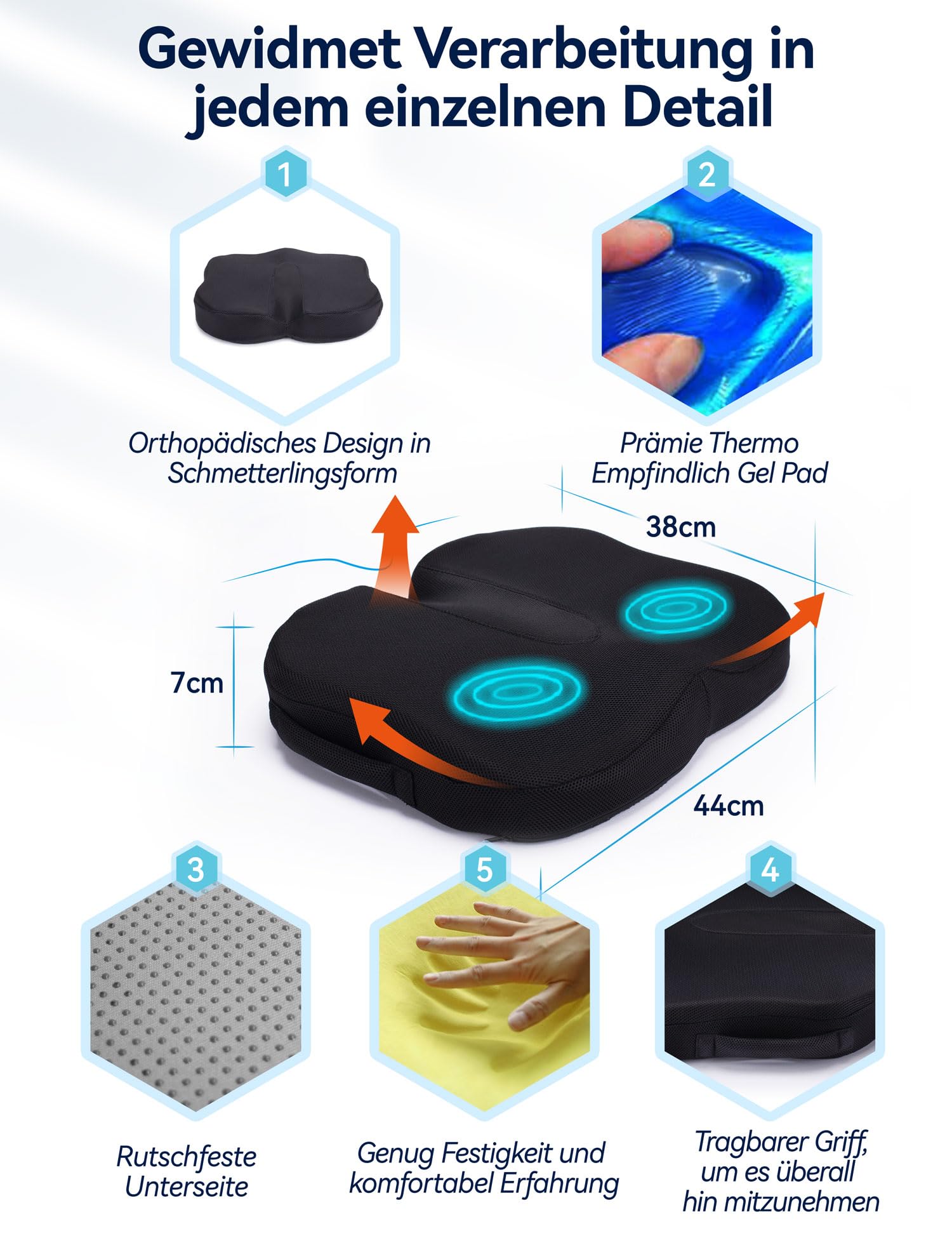 Travel Ease Ergonomisches Sitzkissen, Premium Gel Memory-Schaum Sitzpolster mit Rutschfester Basis für langes Sitzen, Hüftstützkissen für Bürostuhl, Autositz, Gaming-Stuhl (Schwarz)