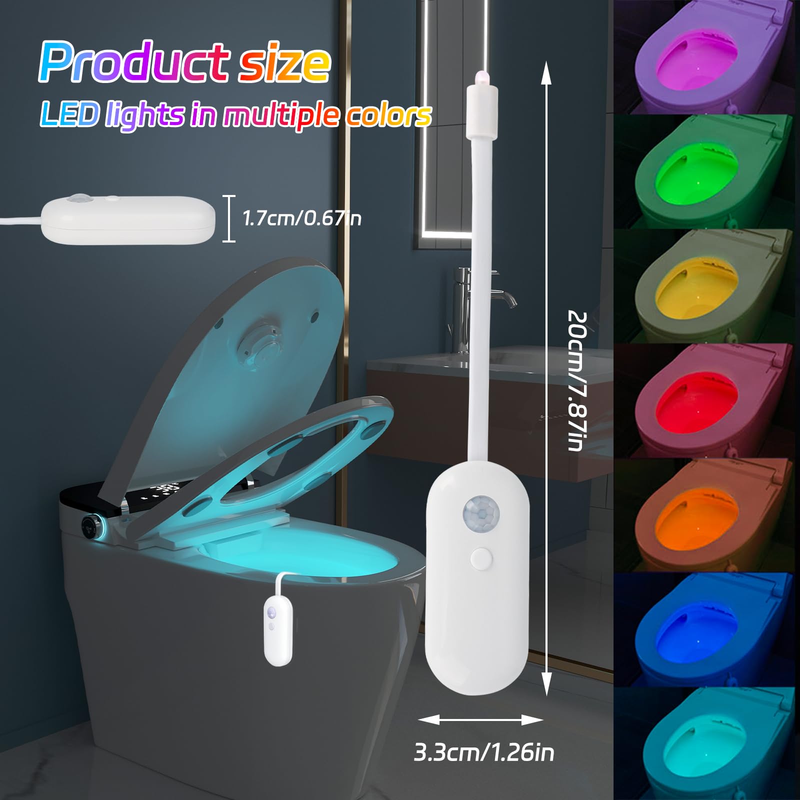 2 luci notturne per WC, sensore di movimento, luce notturna, sensore di movimento, sensore di movimento, luce igienica, 8 gradienti, per bagno, bagno