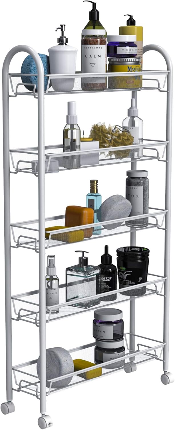 WASJOYE Slim Rolling Storage Cart, 5 Tier Bathroom Organizer Metal Mobile Shelving Unit Storage Rolling Utility Cart Slide Out Organizer with Wheels for Kitchen Bathroom Laundry Office Narrow Places Metal 5-Tier(15*55*107cm)