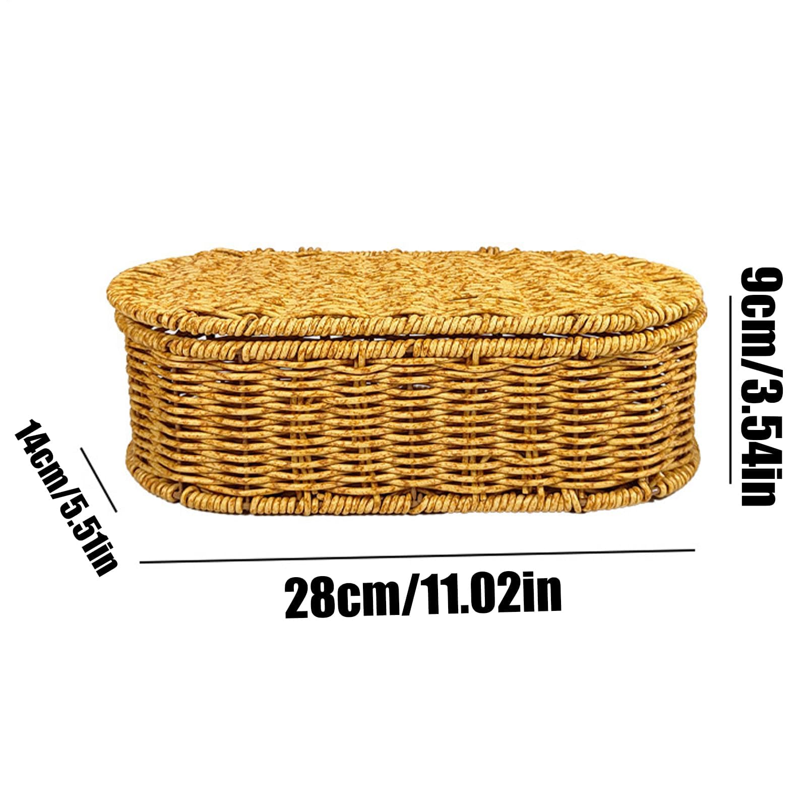 Cesta de almacenamiento de mimbre con tapa, organizador decorativo tejido a mano, diseño a prueba de polvo y ahorro de espacio para baño, dormitorio o cocina, 28 x 14 x 9 cm, cestas ovaladas estrechas