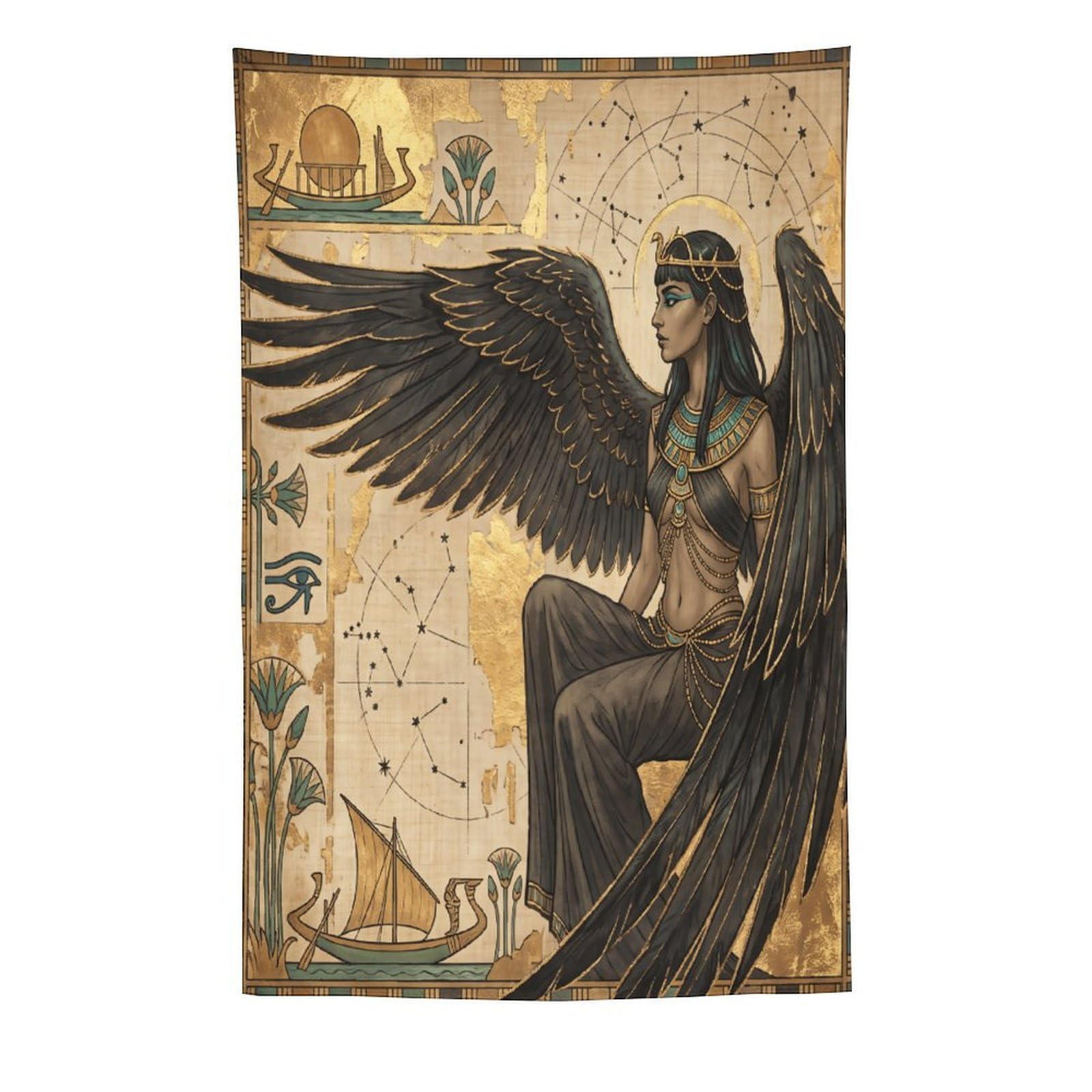 H3B8U2Y5 Egyptian Winged Goddess Hieroglyphs Wall Tapestry, Room Divider